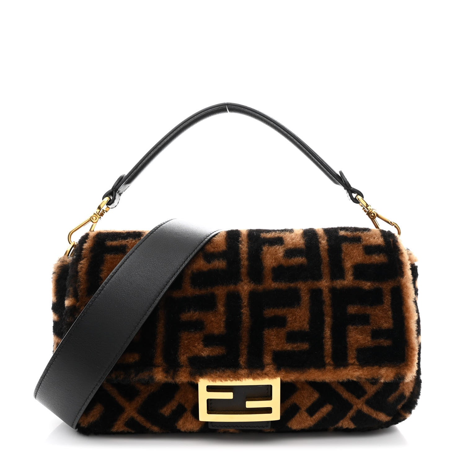 Fendi Shearling Vitello Dolce Macro FF 1974 Baguette Tobacco Black