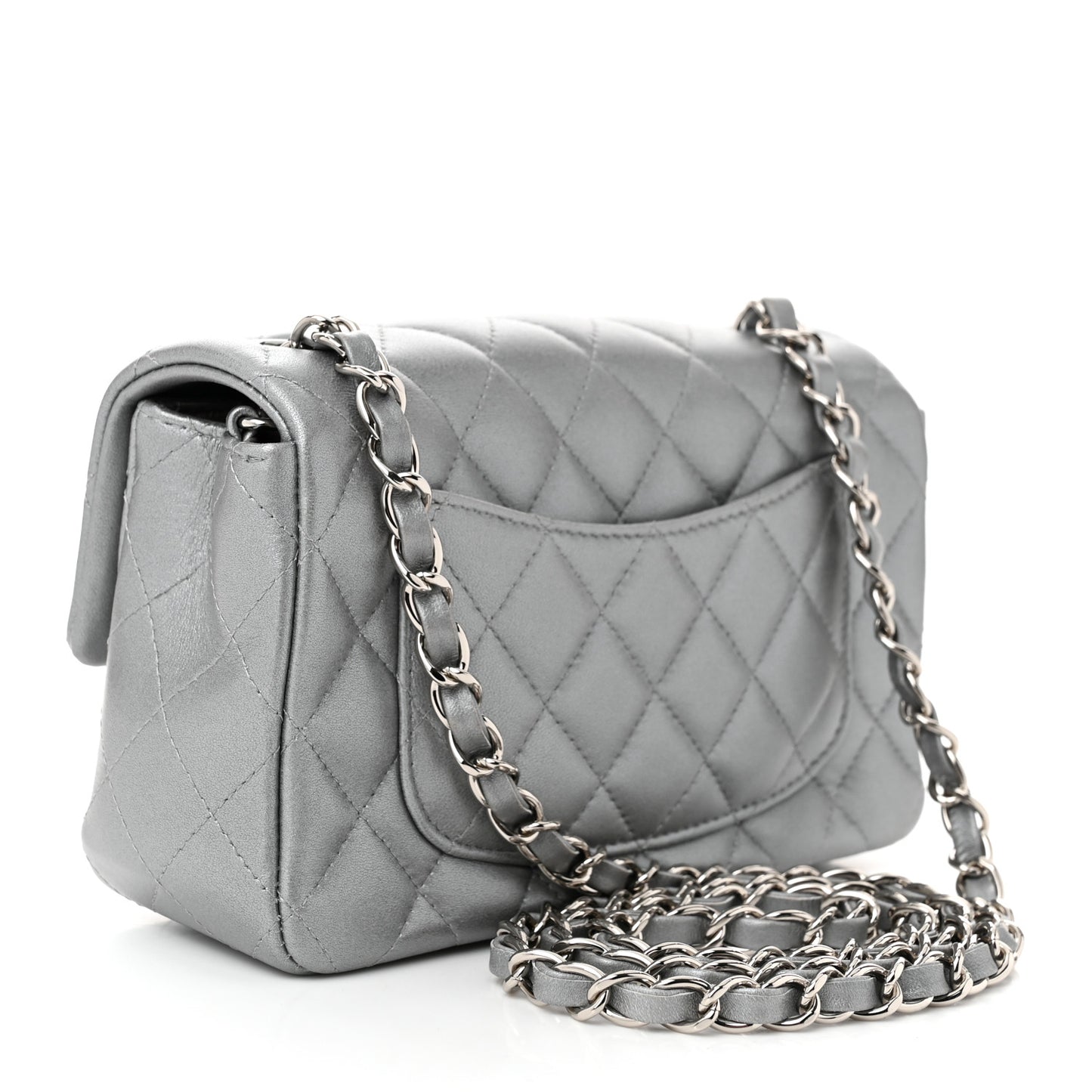 Metallic Lambskin Quilted Mini Rectangular Flap Silver