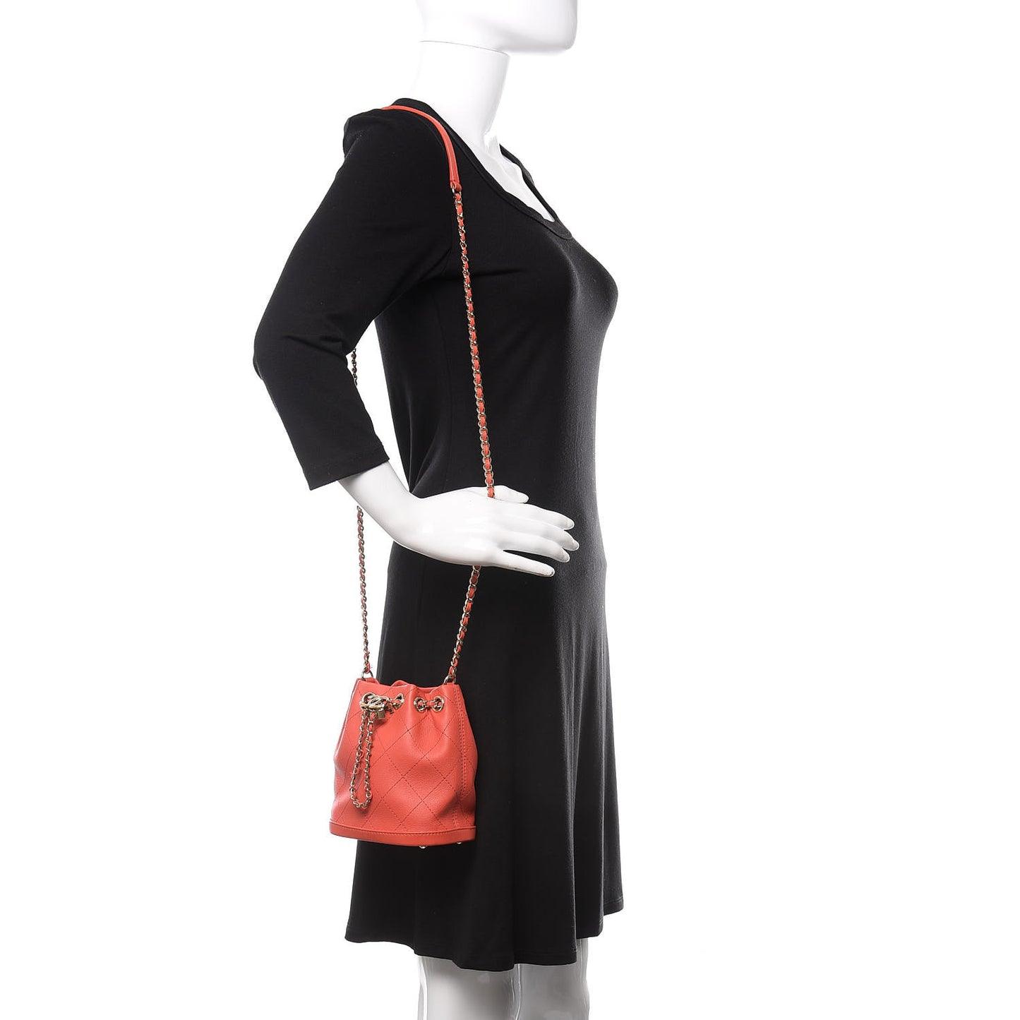 Calfskin Stitched Chain Bucket Bag Coral