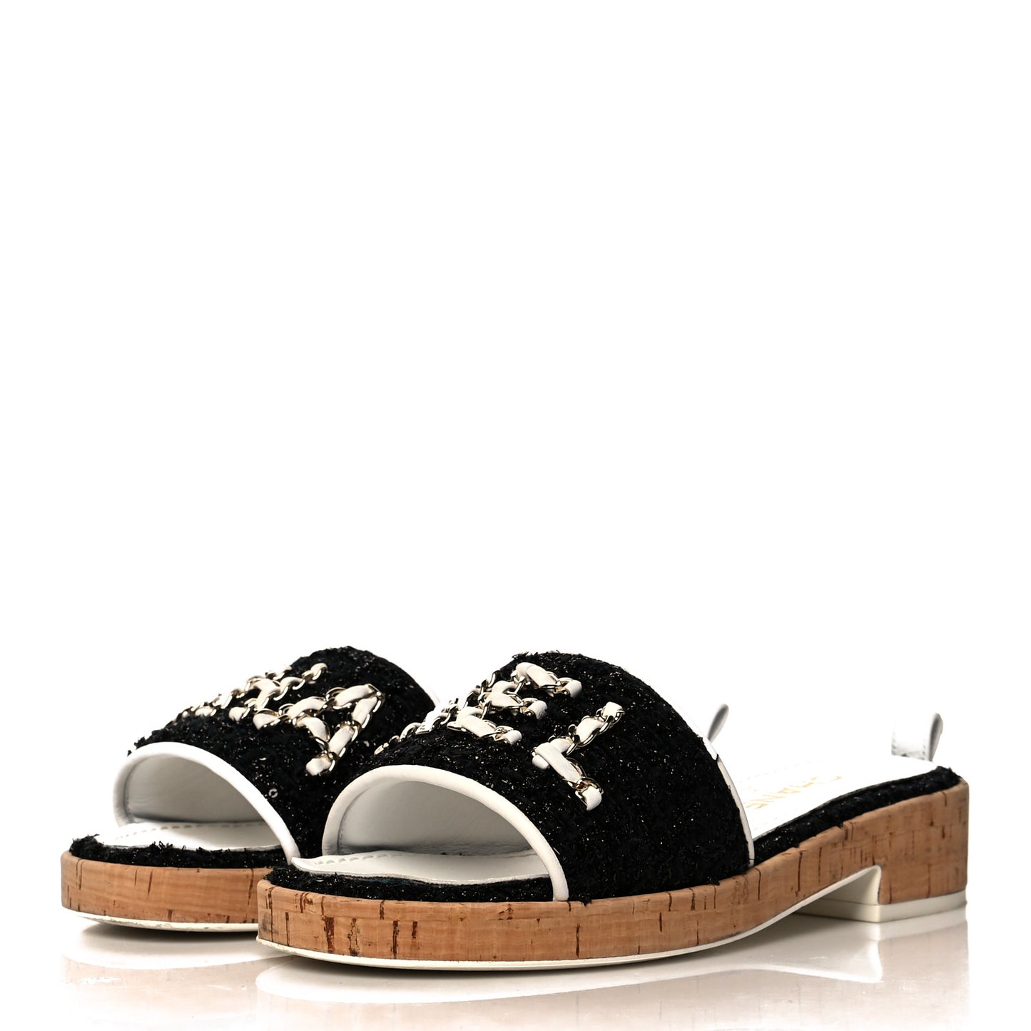 Tweed Cork CC Chain Mule Sandal 36 Black