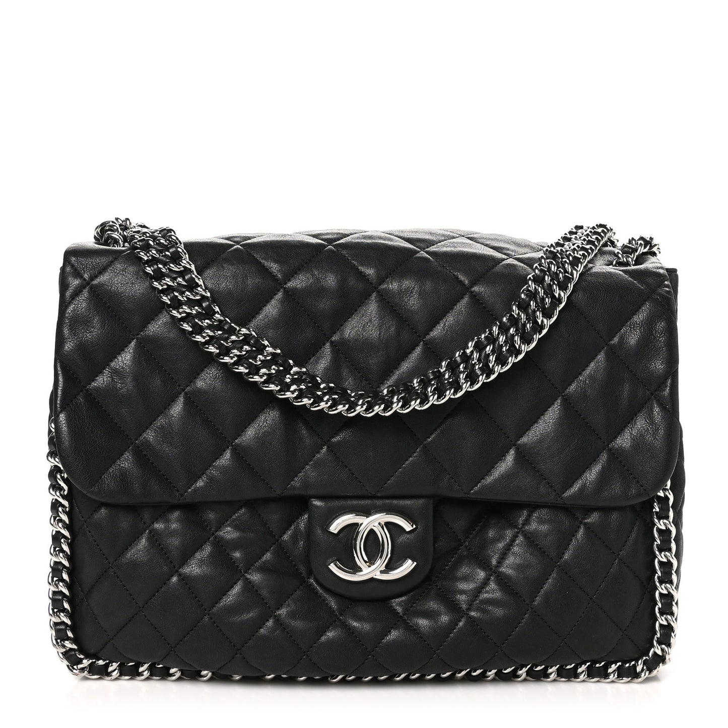Washed Lambskin Quilted Maxi Chain Around Flap Black