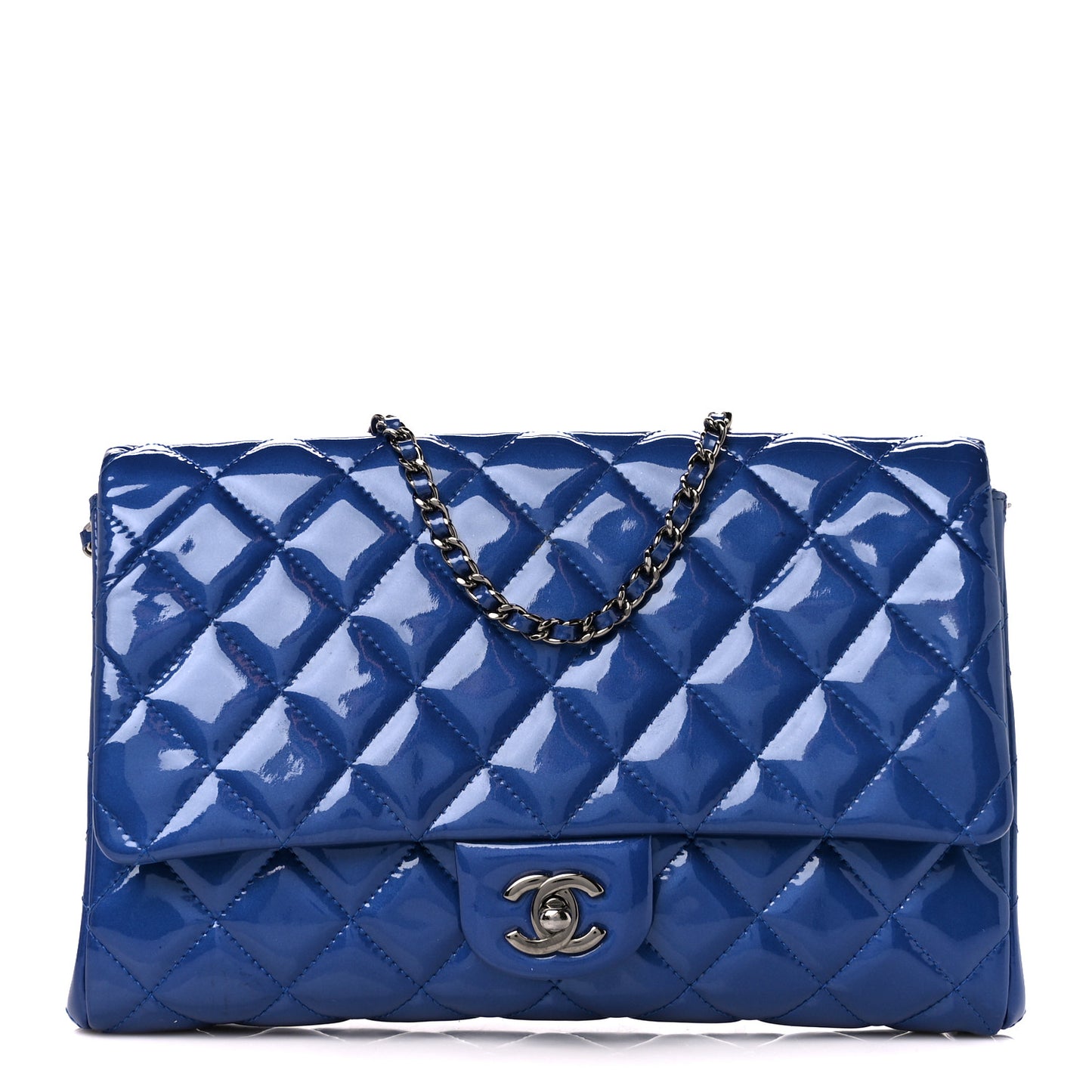 Patent Quilted Clutch with Chain Flap Blue
