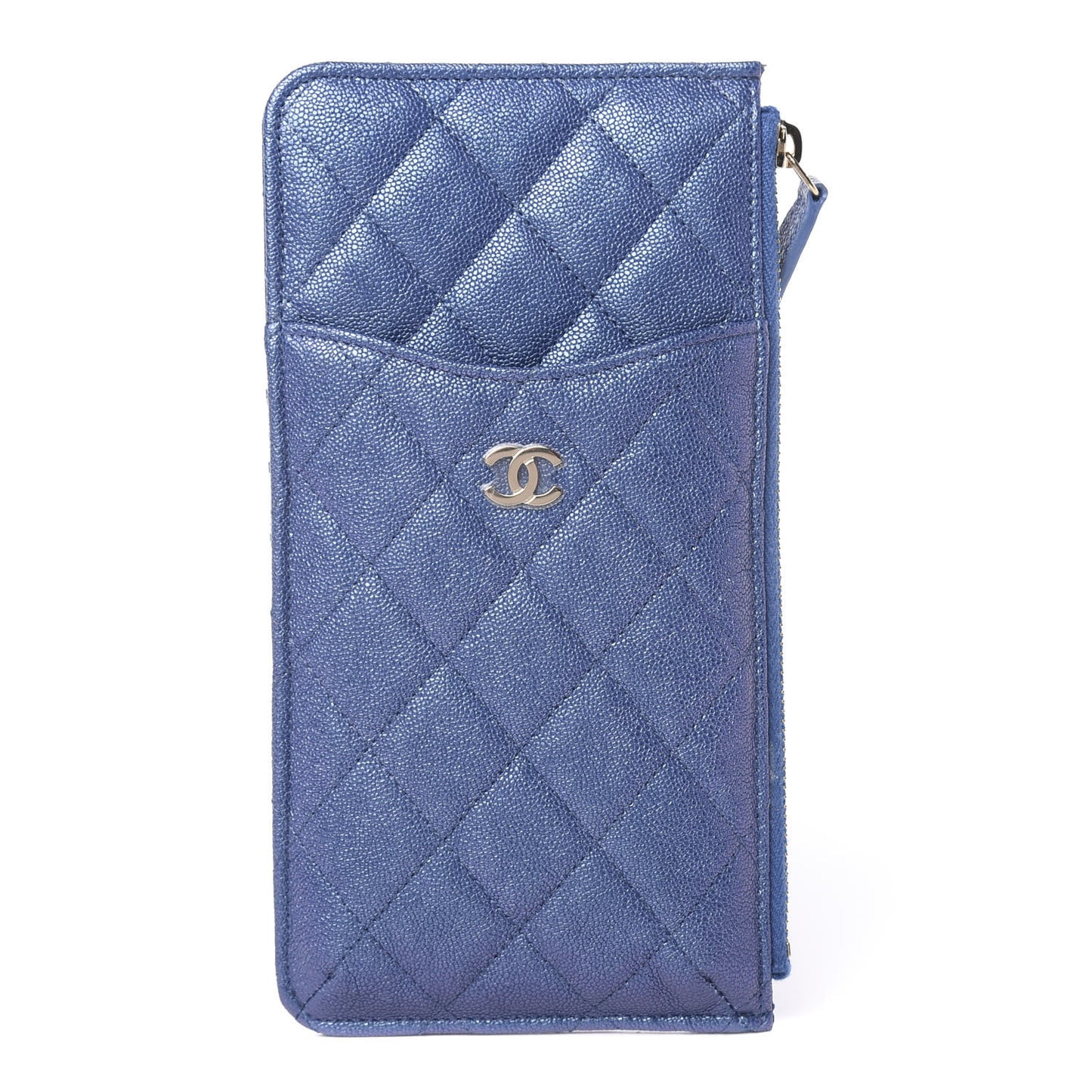 Iridescent Caviar Quilted Classic Flat Wallet Pouch Dark Blue