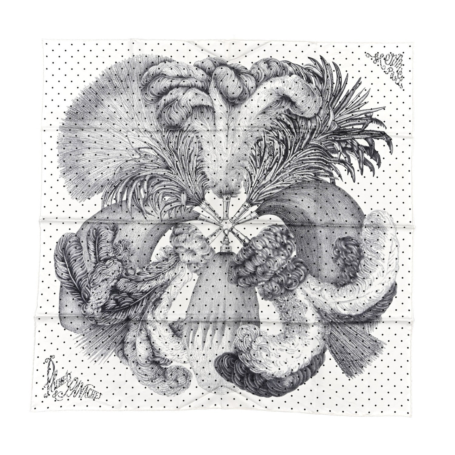 HERMES Plumets et Panaches スカーフ　カレ90 Hermes Silk Plumets Et Panaches Scarf 90 White Black Anthracite