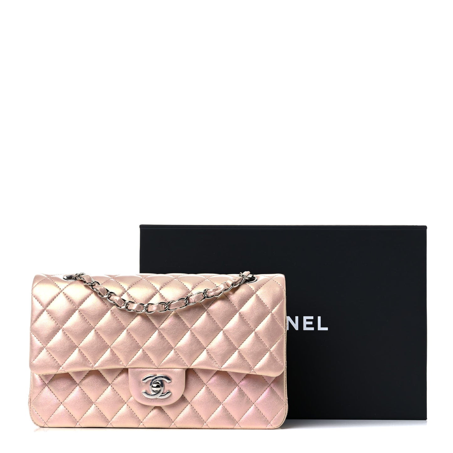 Iridescent Calfskin Quilted Medium Double Flap Pink