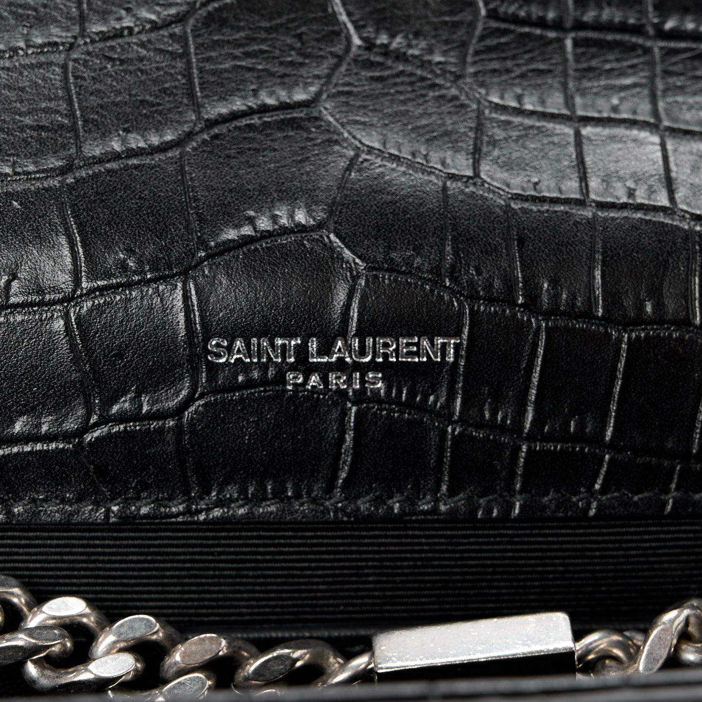 Calfskin Crocodile Embossed Large Classic Monogram Kate Satchel Black