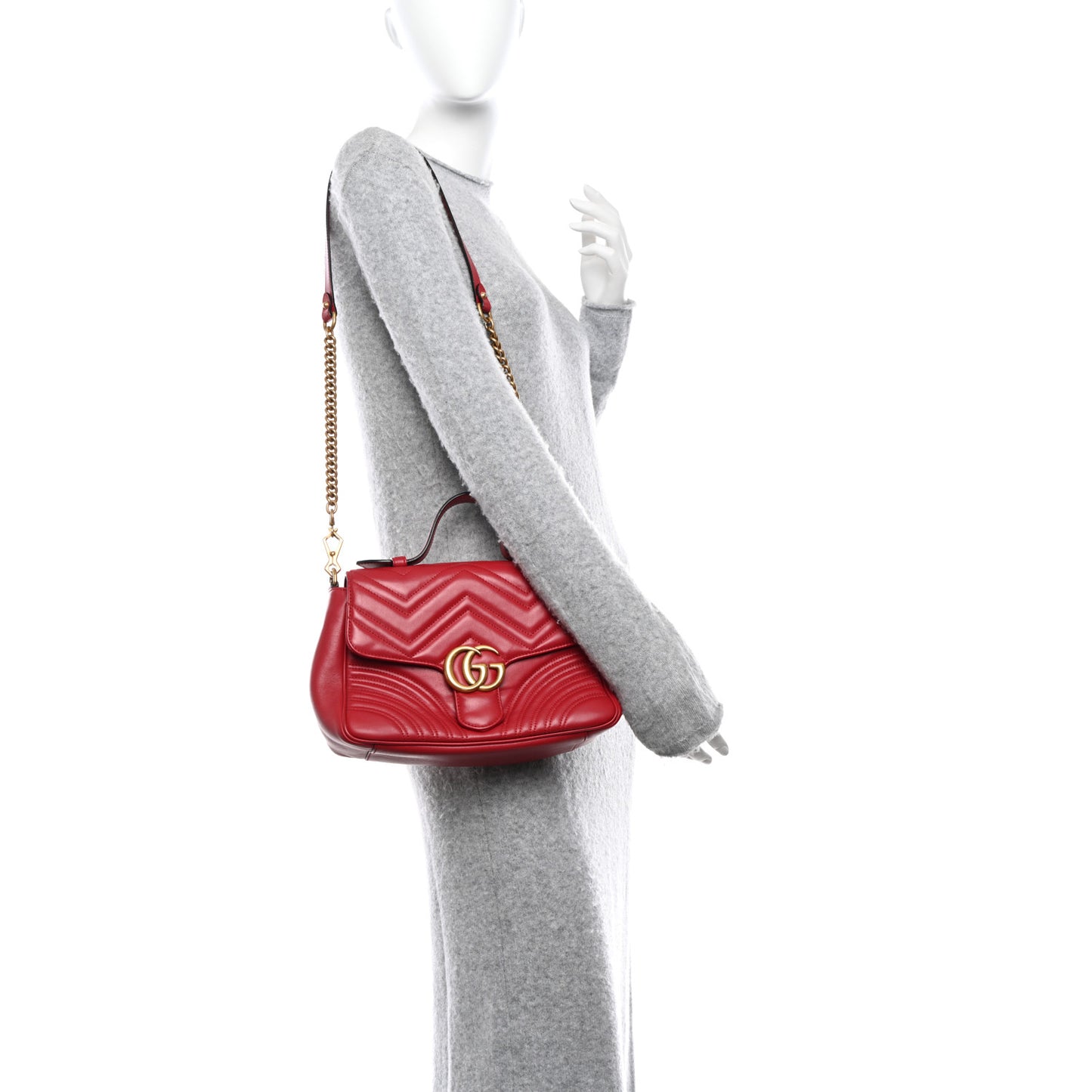 Calfskin Matelasse Small GG Marmont Top Handle Shoulder Bag Hibiscus Red