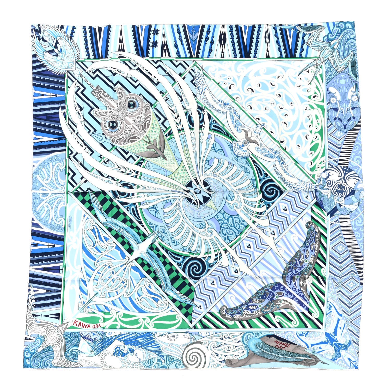 Hermes Cashmere Silk Kawa Ora Shawl 140 Ciel Bleu Jean Vert 803466