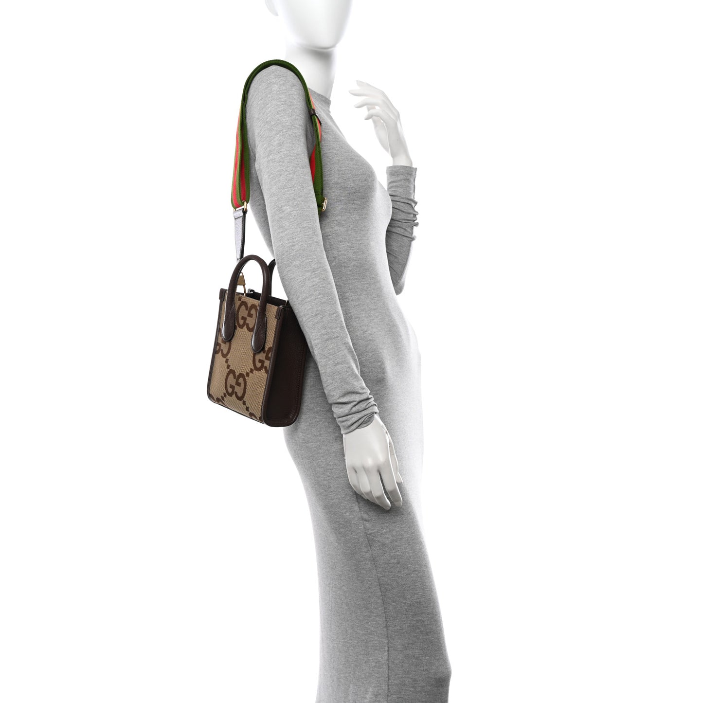 Monogram Jumbo GG Textured Dollar Calfskin Web Mini Vertical Tote Camel Ebony New Acero