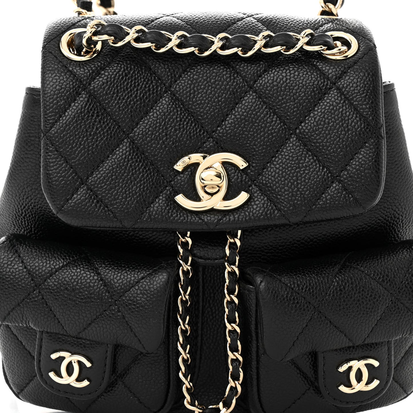 Shiny Caviar Quilted Small Duma Pockets Drawstring Backpack Black