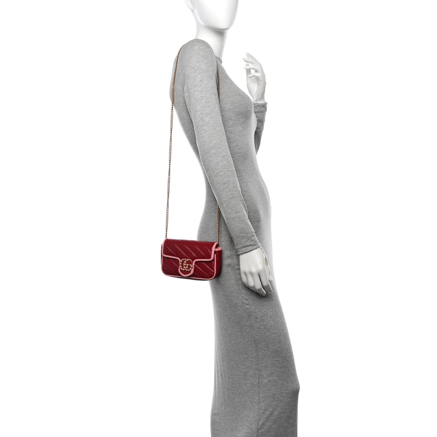 Azalea Calfskin Enamel Matelasse Diagonal Super Mini Torchon GG Marmont Shoulder Bag New Cherry Red Wild Rose