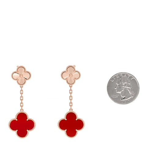18K Rose Gold Guilloche Carnelian 2 Motifs Magic Alhambra Earrings