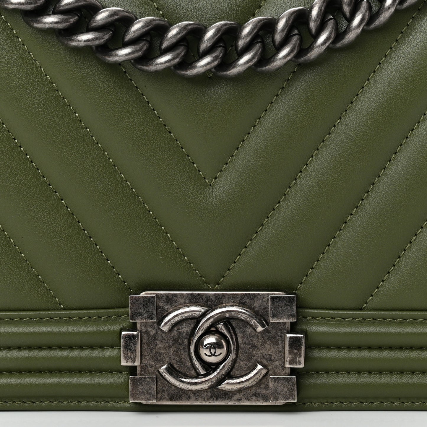 Calfskin Chevron Quilted Medium Boy Flap Dark Green