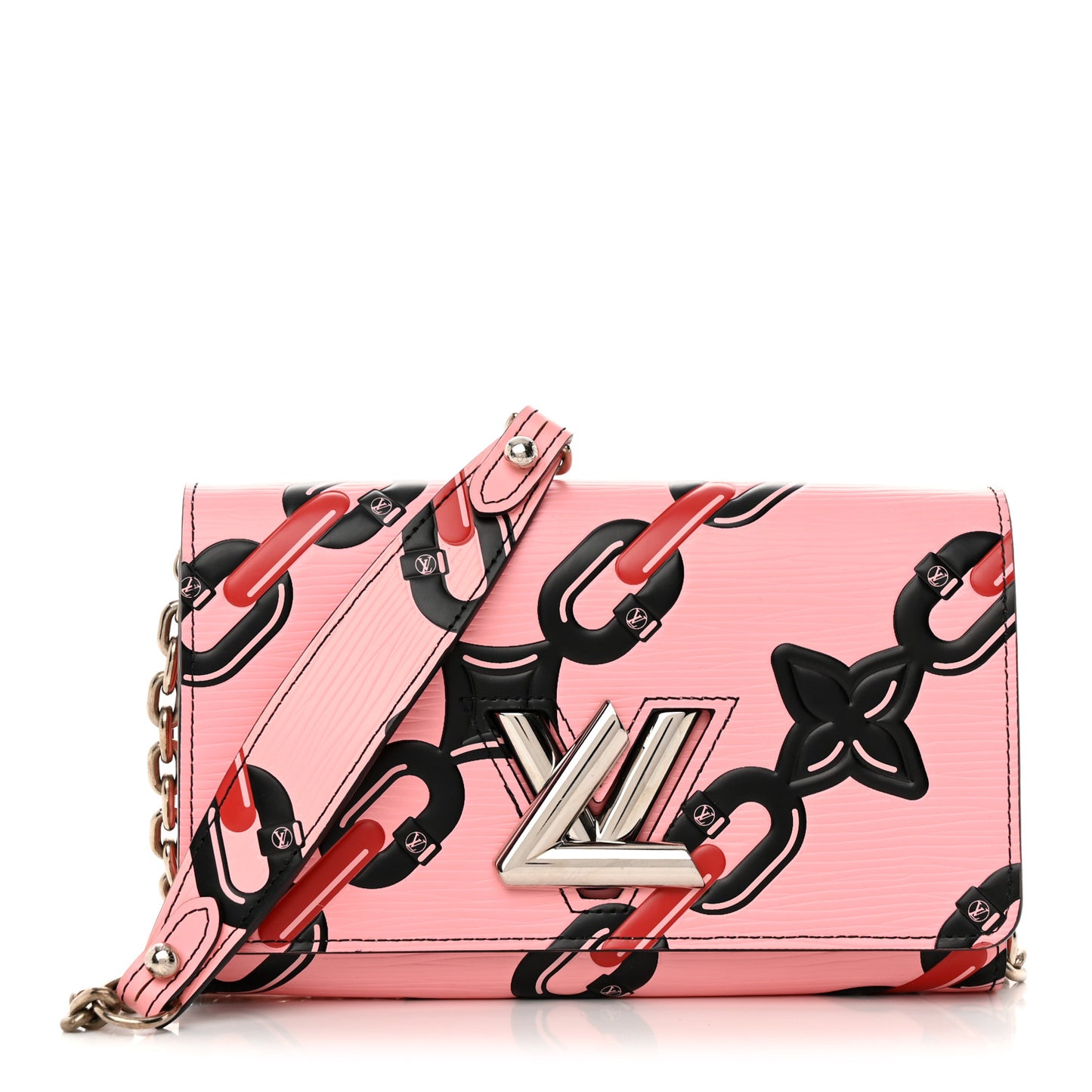 Epi Chain Flower Print Twist Chain Wallet Pink