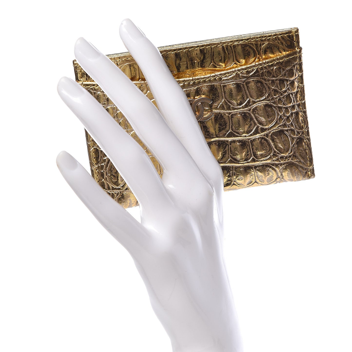 Metallic Calfskin Crocodile Embossed Cocodile Card Holder Gold