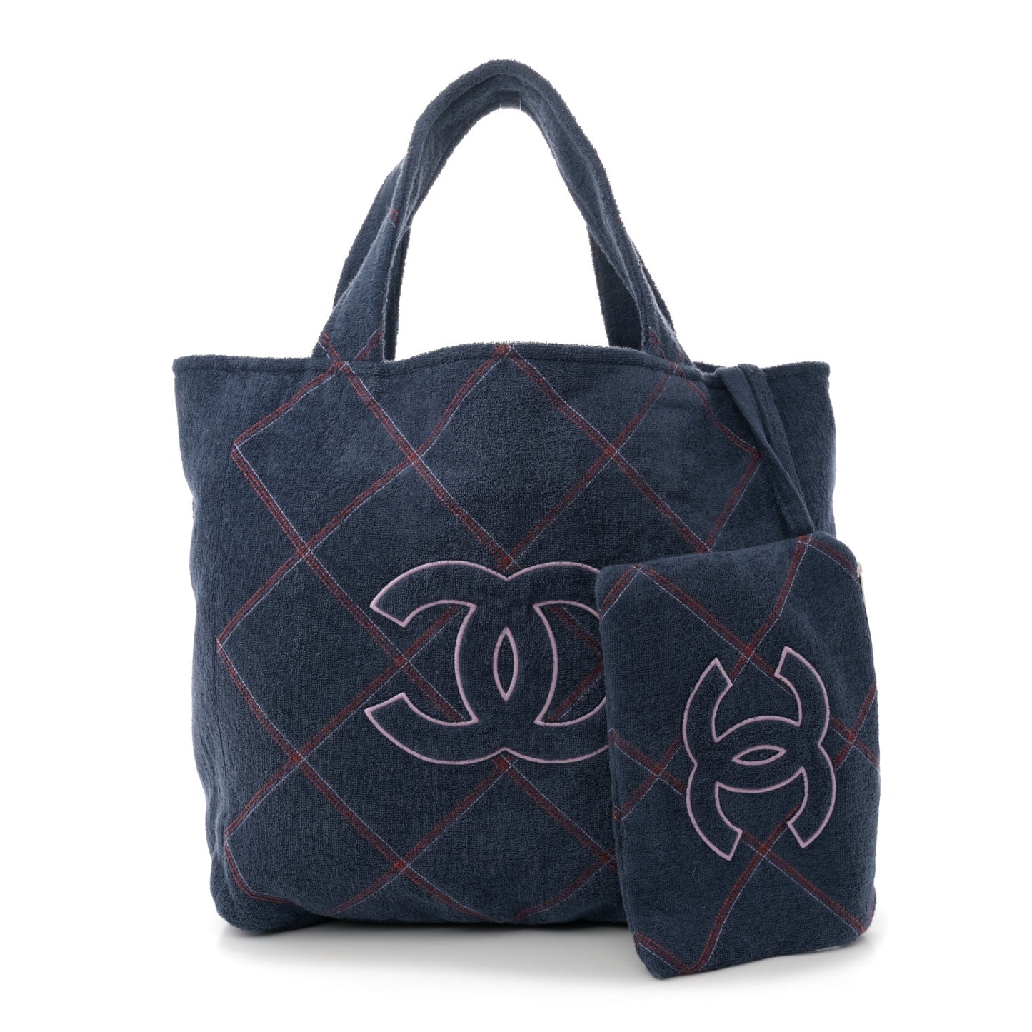 Terry Cotton Quilted CC Beach Tote Towel Set Blue Pink