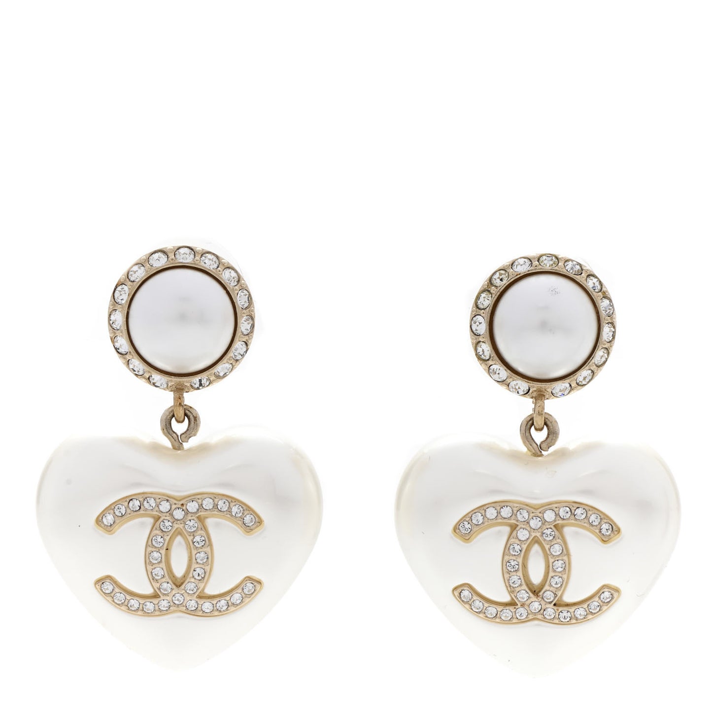 Pearl Crystal CC Heart Drop Earrings Gold