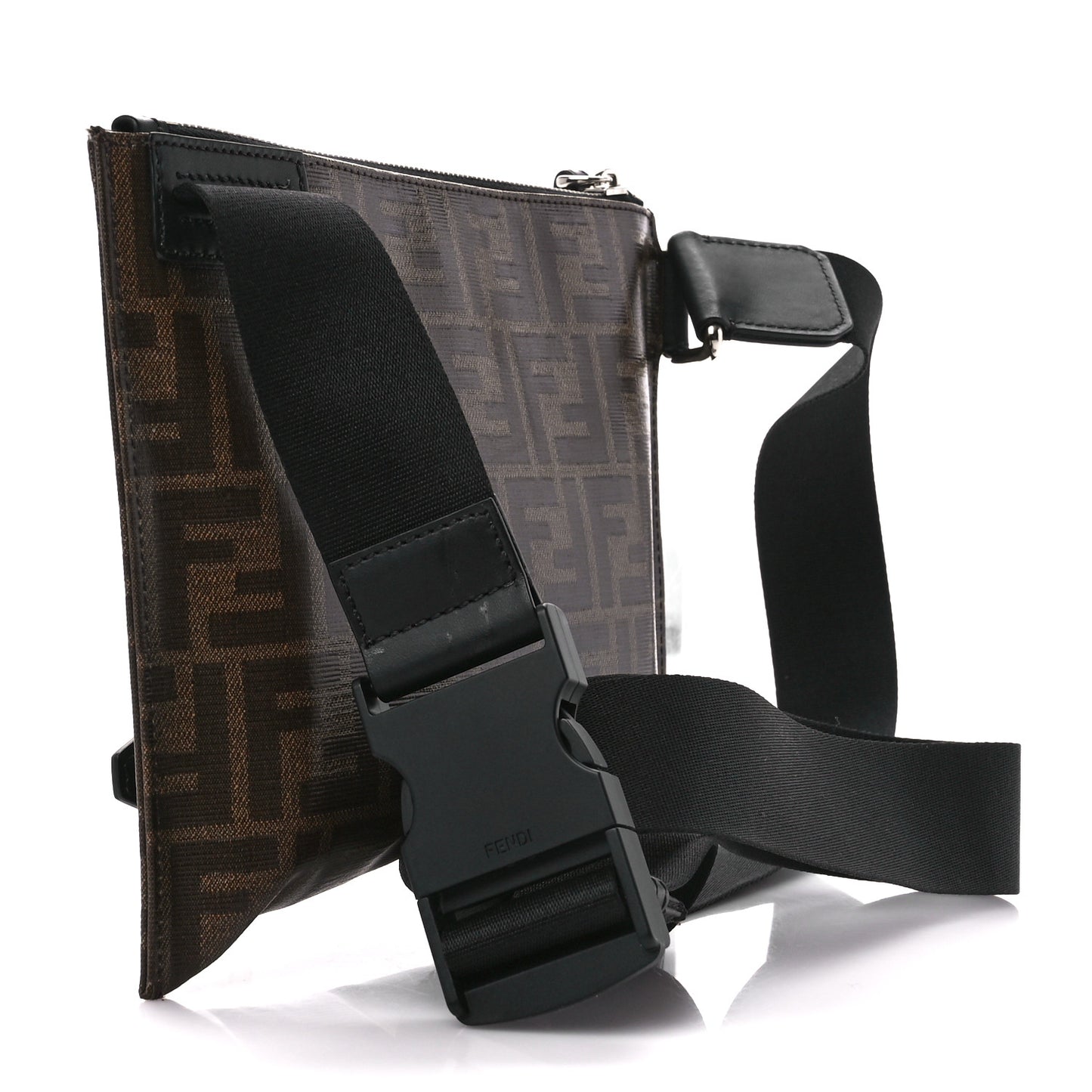 Glazed Fabric Vitello Century FF 1974 Stamp Patch Messenger Bag Mogano Panna Black