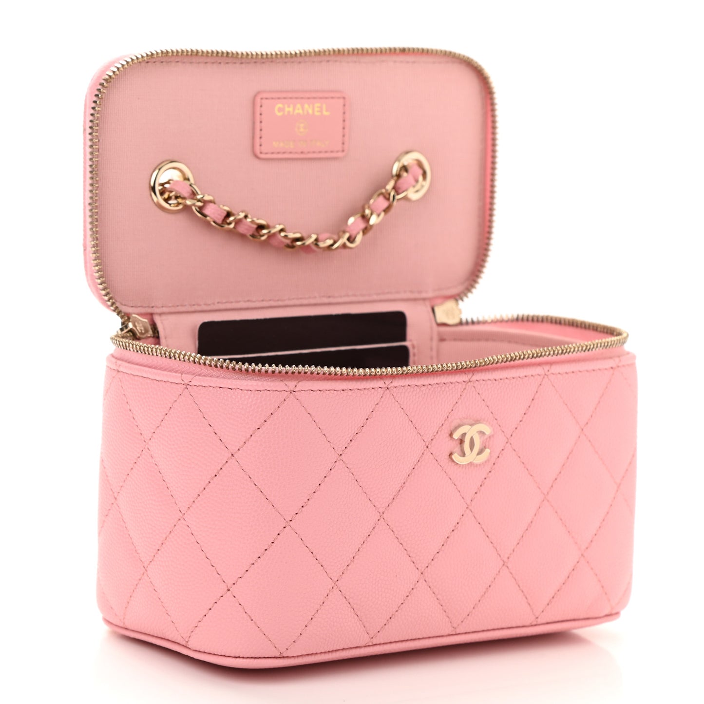Caviar Quilted Small Vanity Case With Chain Pink