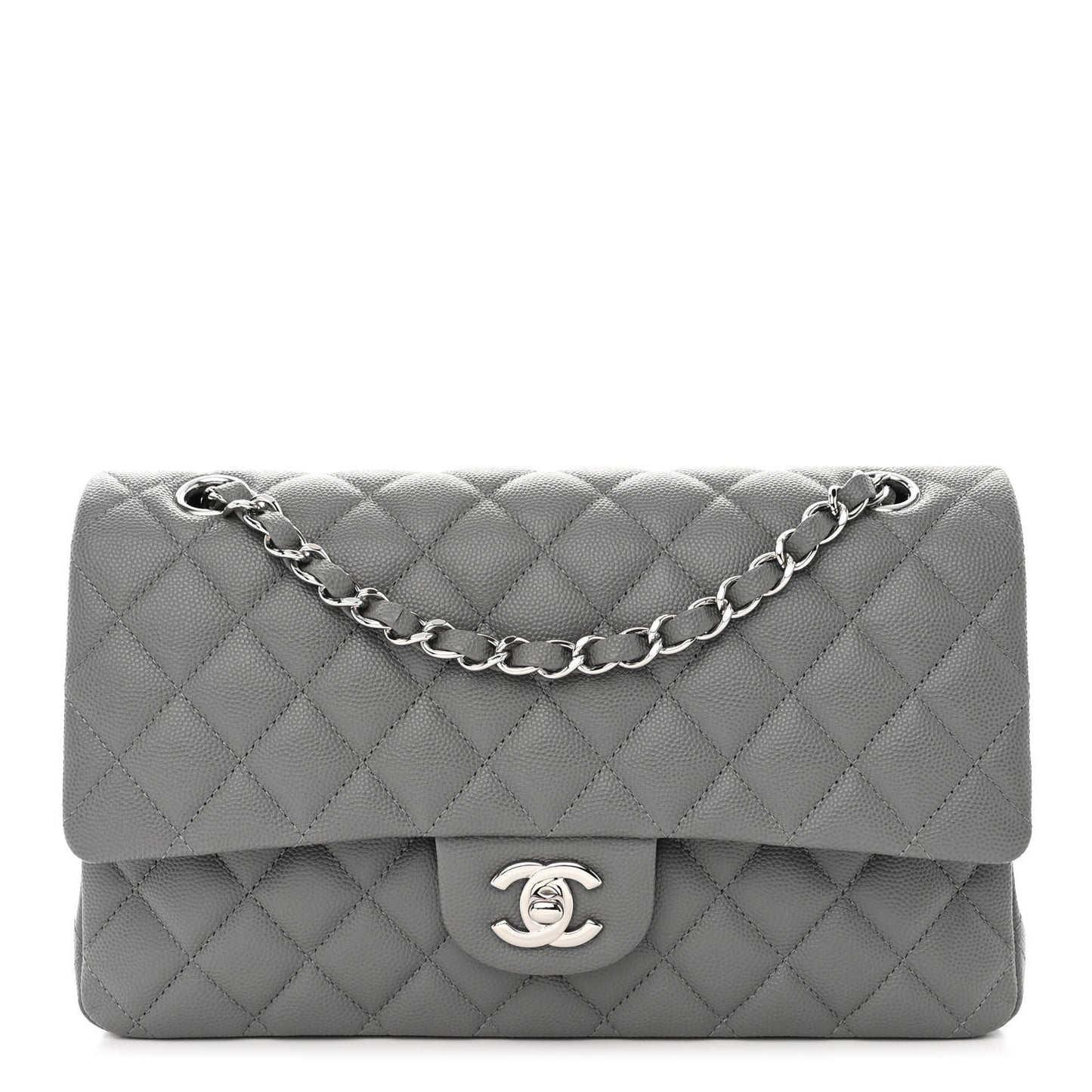 Caviar Quilted Medium Double Flap Grey