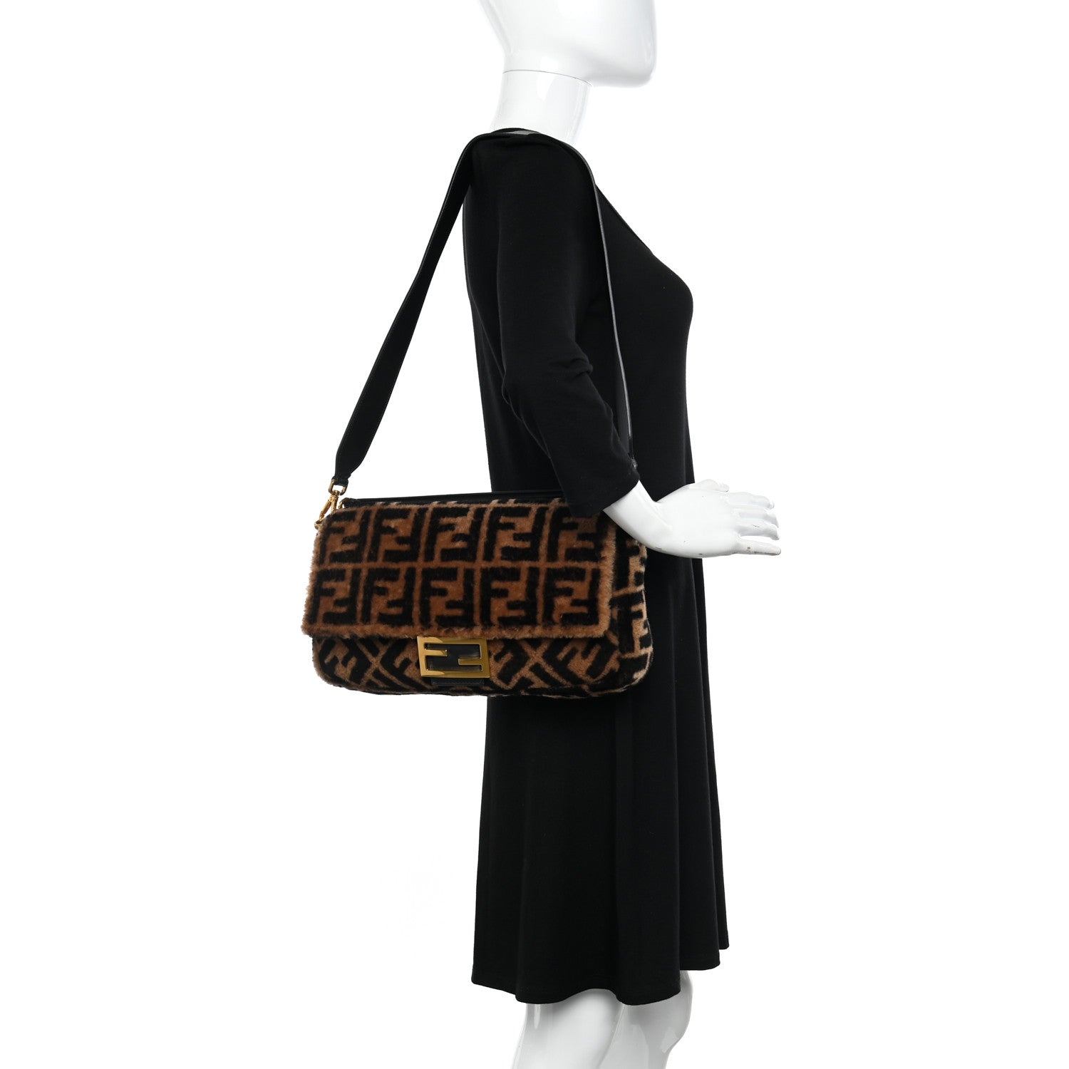 Fendi Shearling Vitello Dolce Macro FF 1974 Large Baguette Tobacco Black 2 of 10