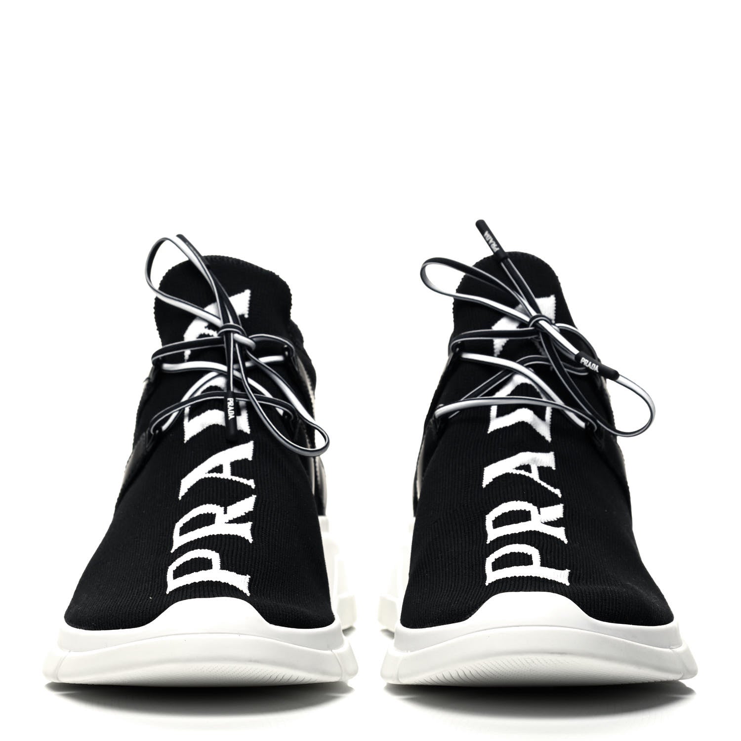 Prada Knit Fabric Mens Logo Sneakers 7 Black White 2 of 8