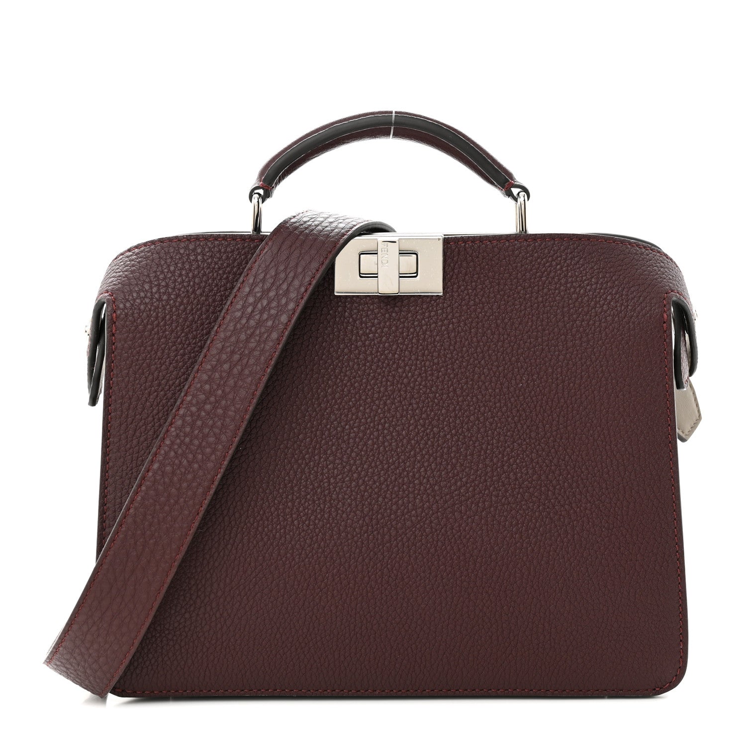 Fendi Cuoio Romano Vitello Cover Glazed Fabric Bi-Color FF 1974 Mini Peekaboo I SEE U Satchel Granada Tartufo Burgundy Tobacco Moro 1 of 10