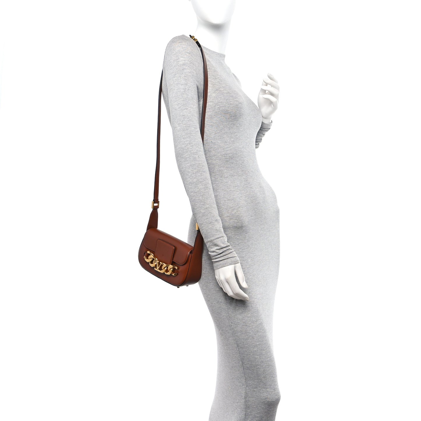 Calfskin Small Vlogo Chain Shoulder Bag Saddle Brown