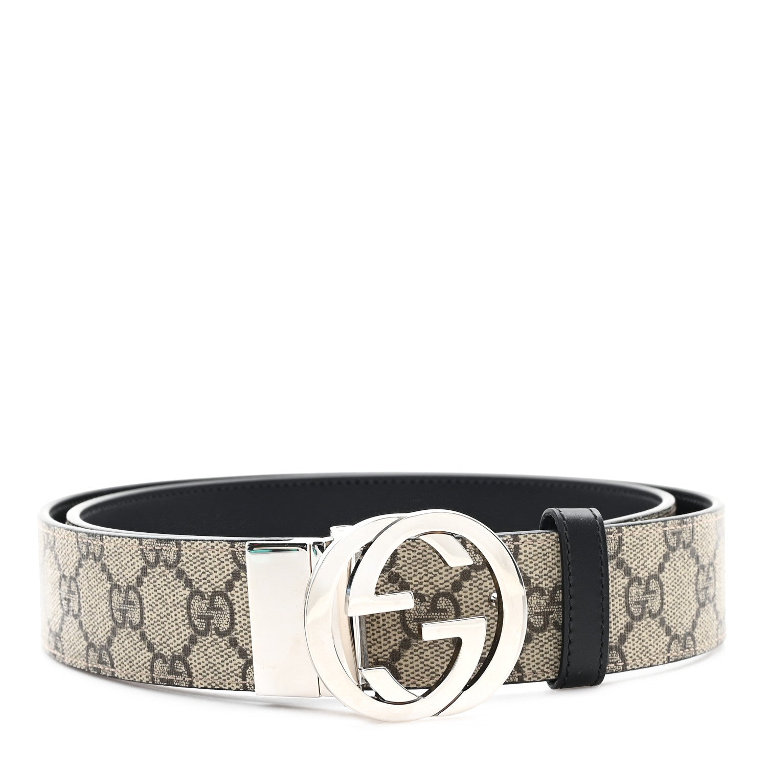 Gucci GG Supreme Monogram Selleria Calfskin Interlocking G Reversible 37mm Belt 95 38 Beige Ebony Black 1 of 4