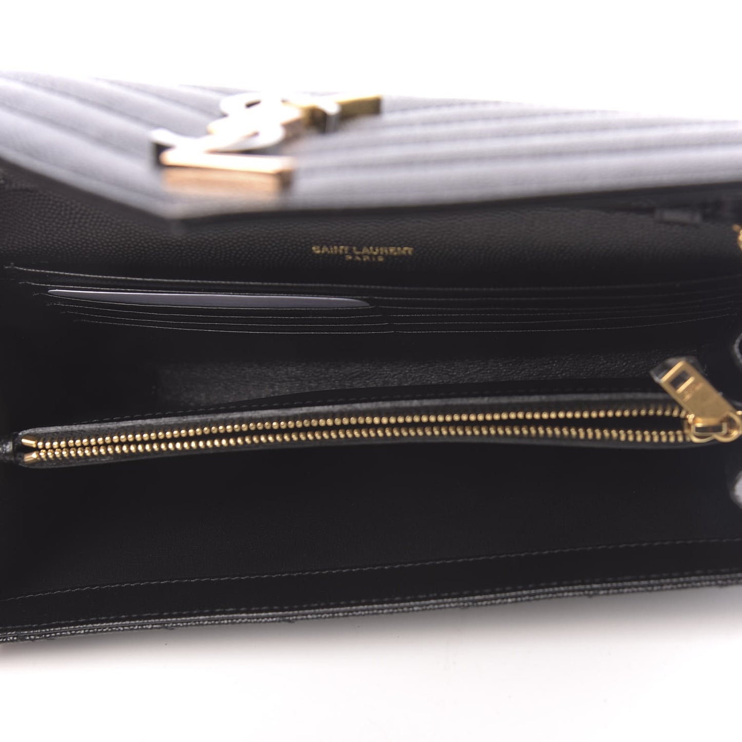 Grain De Poudre Matelasse Chevron Tri-Metal Monogram Chain Wallet Black