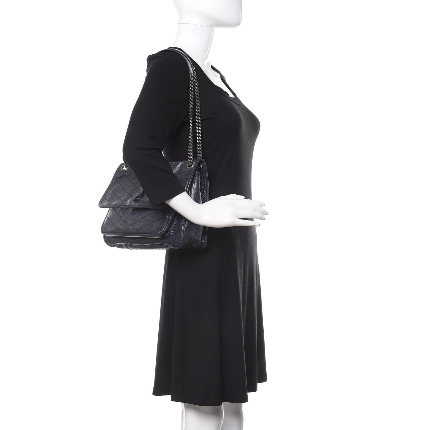 Crinkled Calfskin Matelasse Monogram Medium Niki Chain Satchel Deep Marine