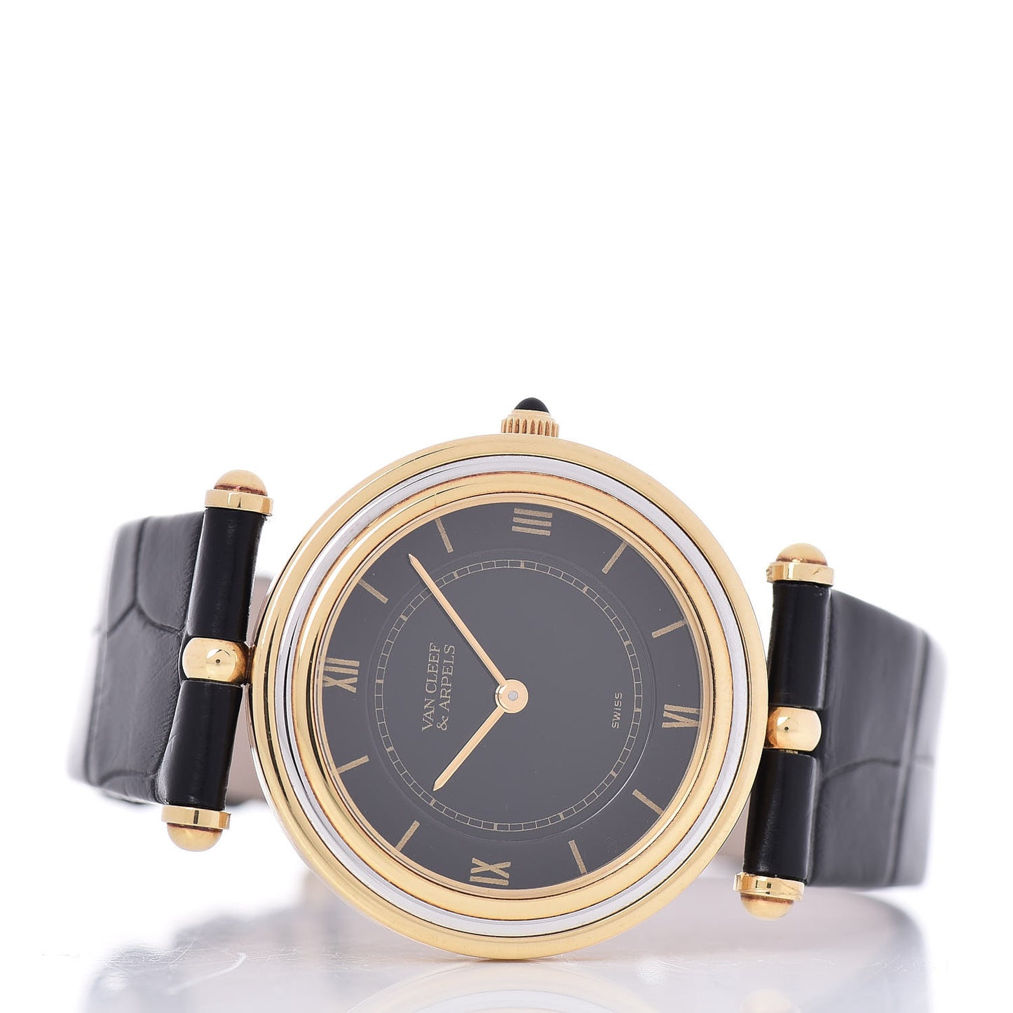 18K White Yellow Gold Alligator 30mm Manual Winding Watch Black