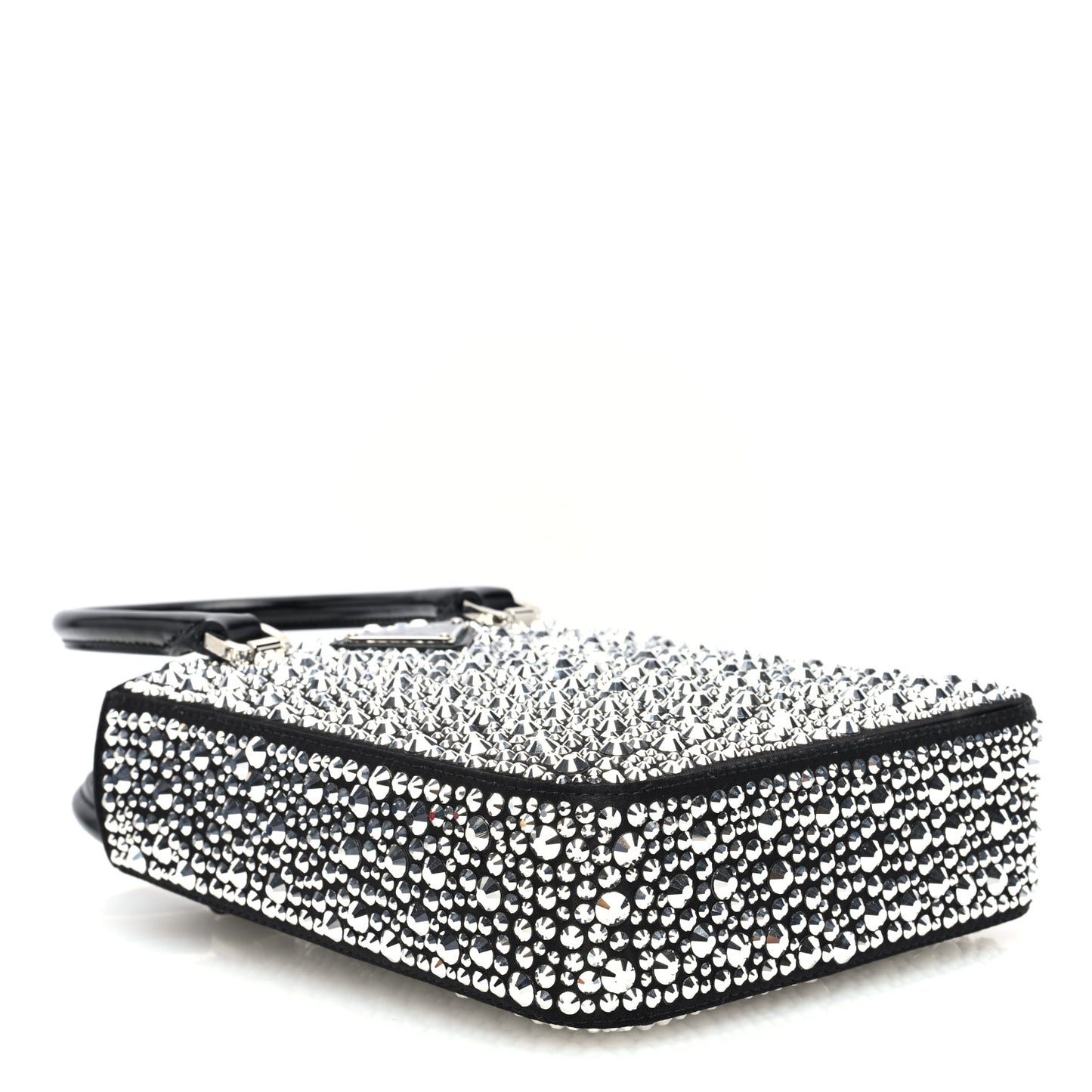 Satin Crystal Metal Triangle Logo Small Double Handle Crossbody Tote Metal