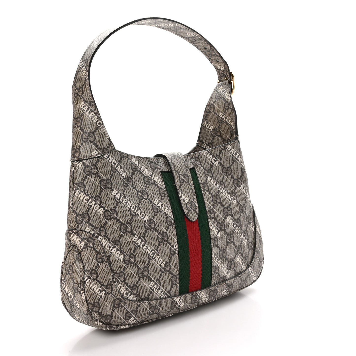 X BALENCIAGA GG Supreme Monogram Striped Logo Print Web Small Jackie 1961 Hobo Beige Ebony Mystic White