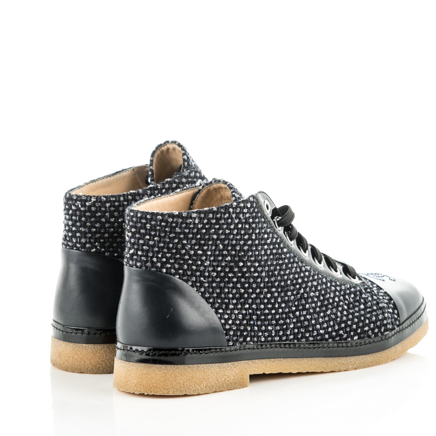 Tweed Calfskin Patent CC Lace Up Short Boots 40.5 Black Grey Dark Navy