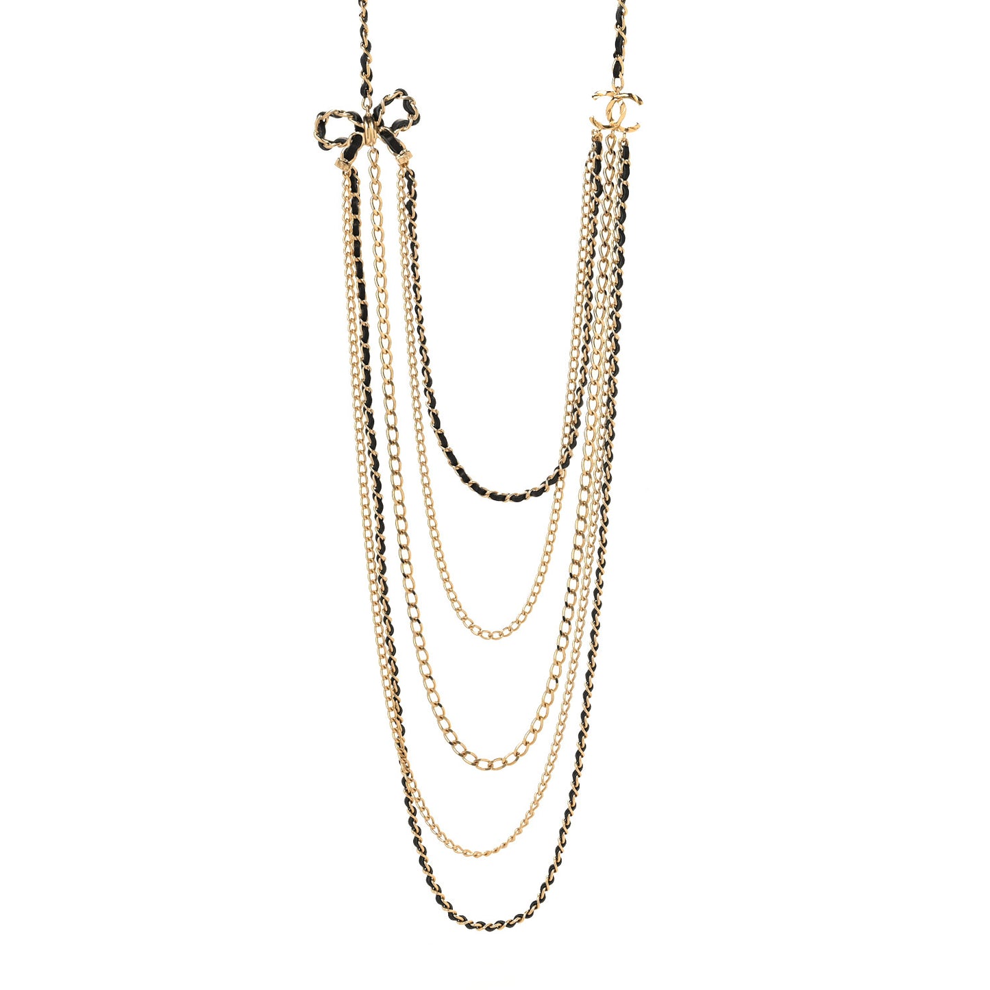 Lambskin Bow CC Multistrand Long Necklace Gold Black