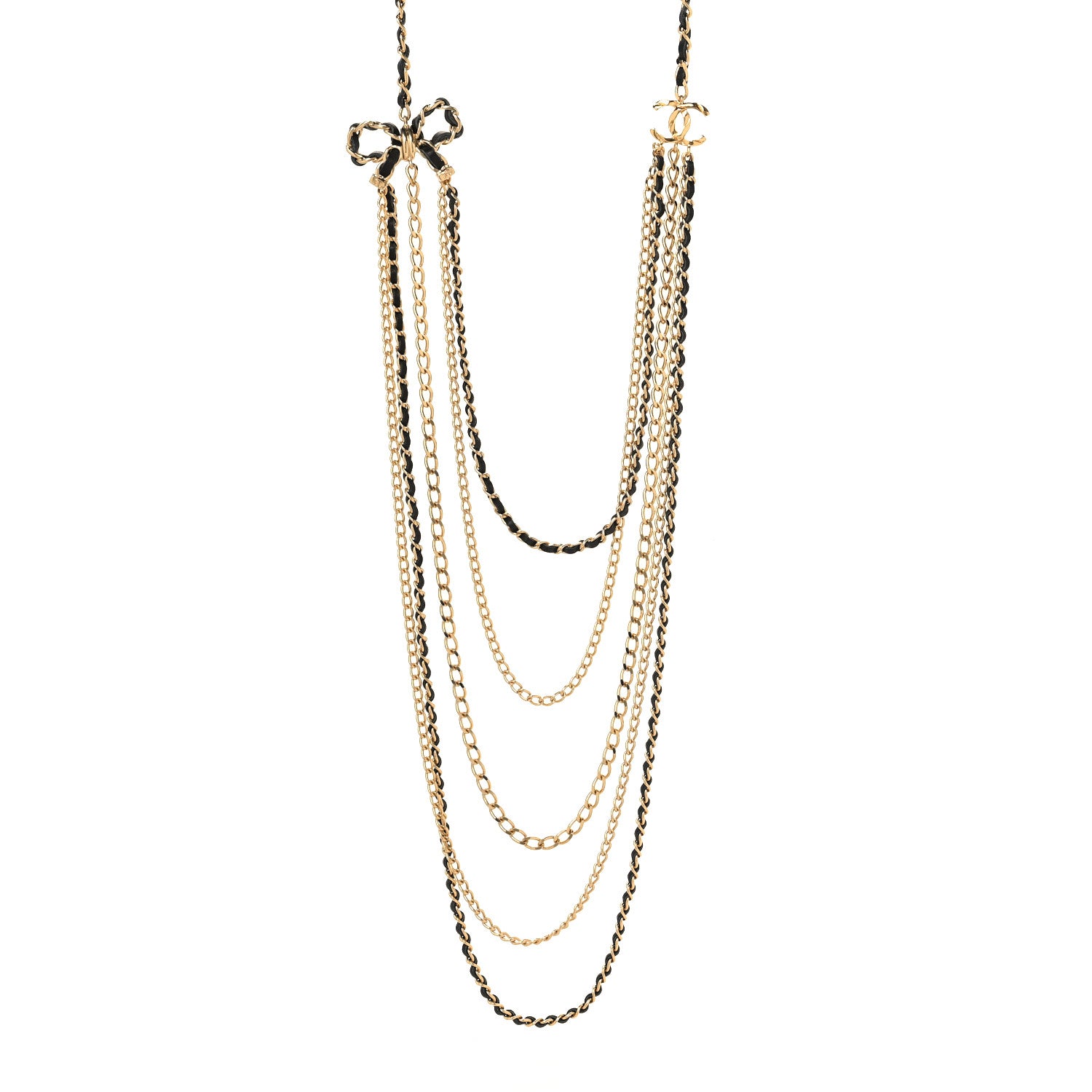 Chanel Lambskin Bow CC Multistrand Long Necklace Gold Black 1 of 5