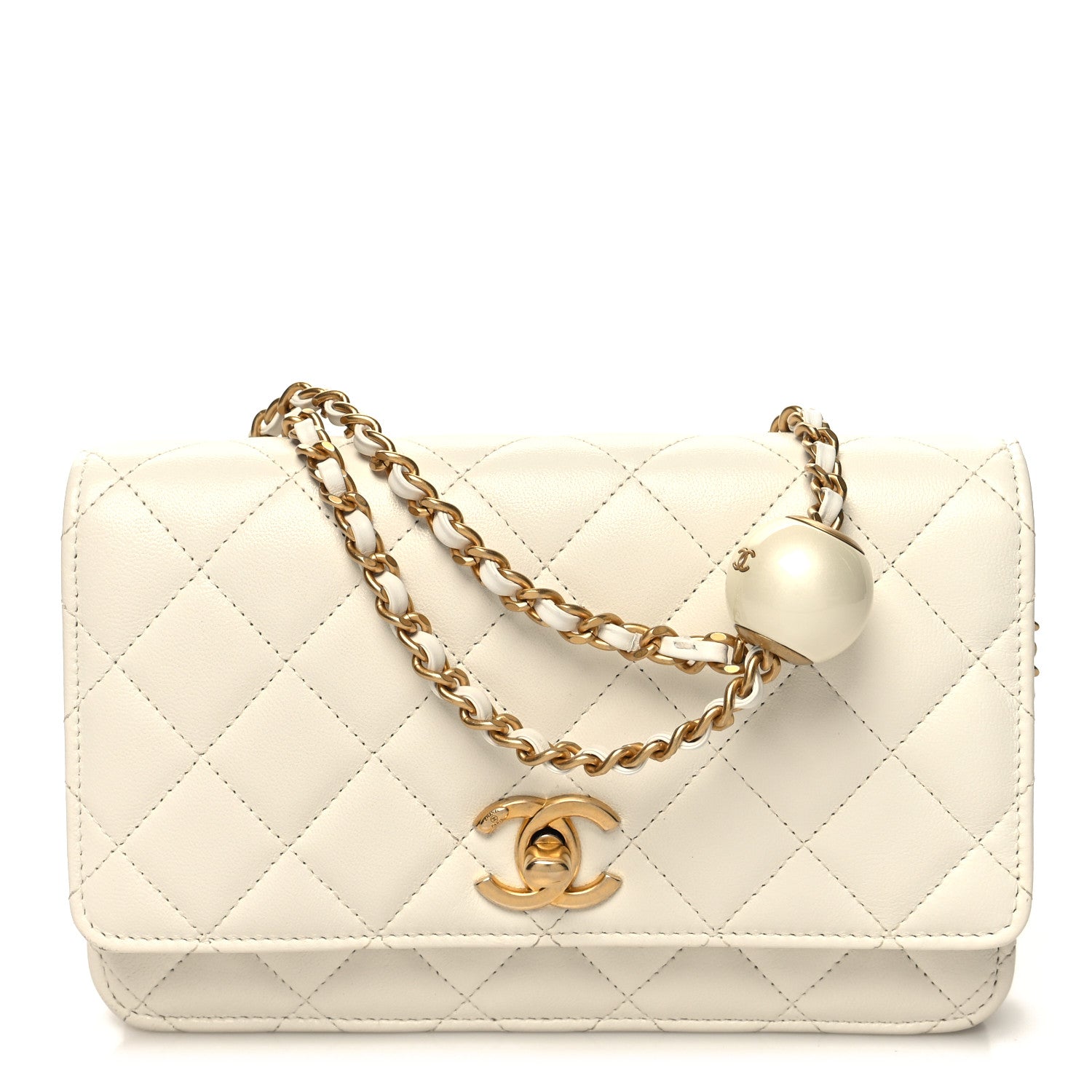 Chanel Lambskin Quilted CC Pearl Crush Wallet on Chain WOC White 1 of 13