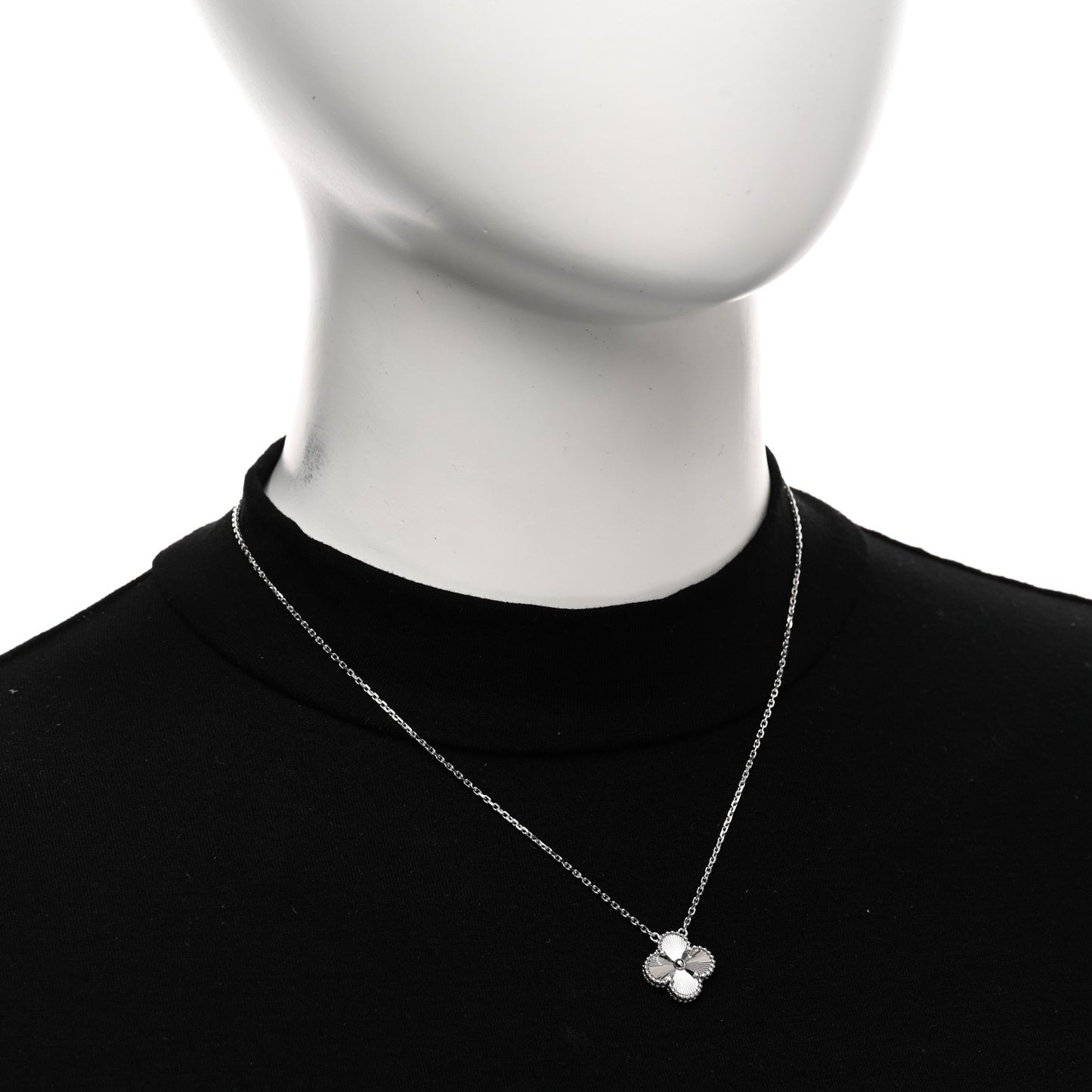 18K White Gold Guilloche Vintage Alhambra Pendant Necklace