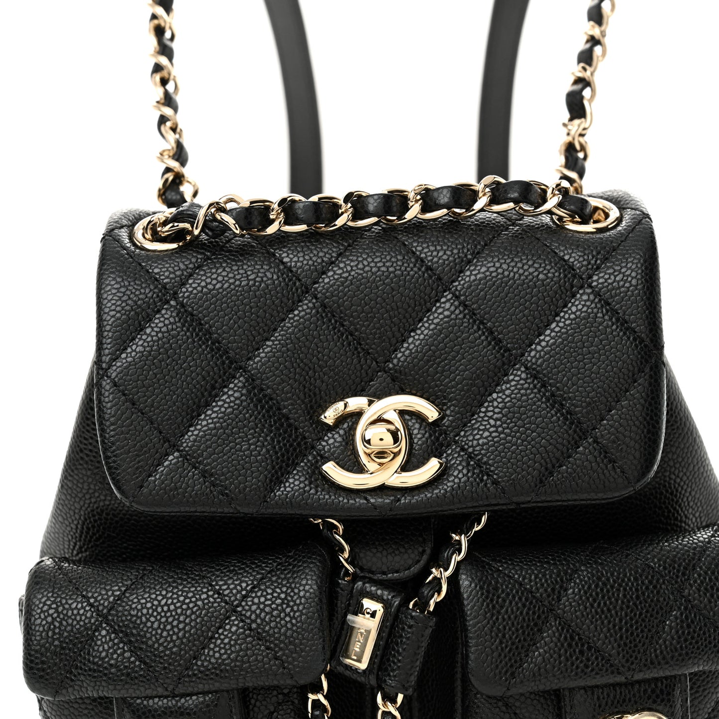 Shiny Caviar Quilted Small Duma Pockets Drawstring Backpack Black