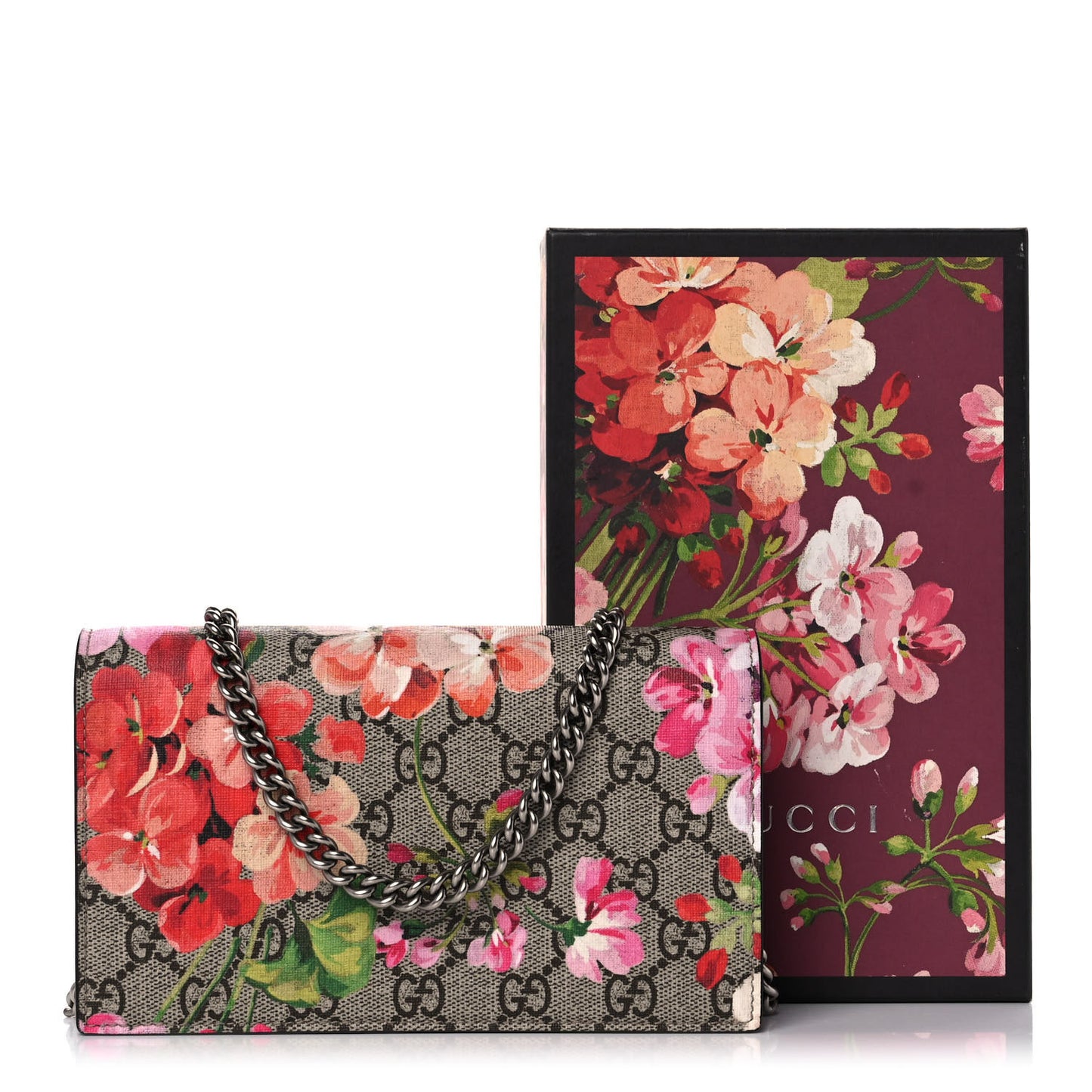 GG Supreme Monogram Blooms Chain Wallet Beige Multicolor Dry Rose