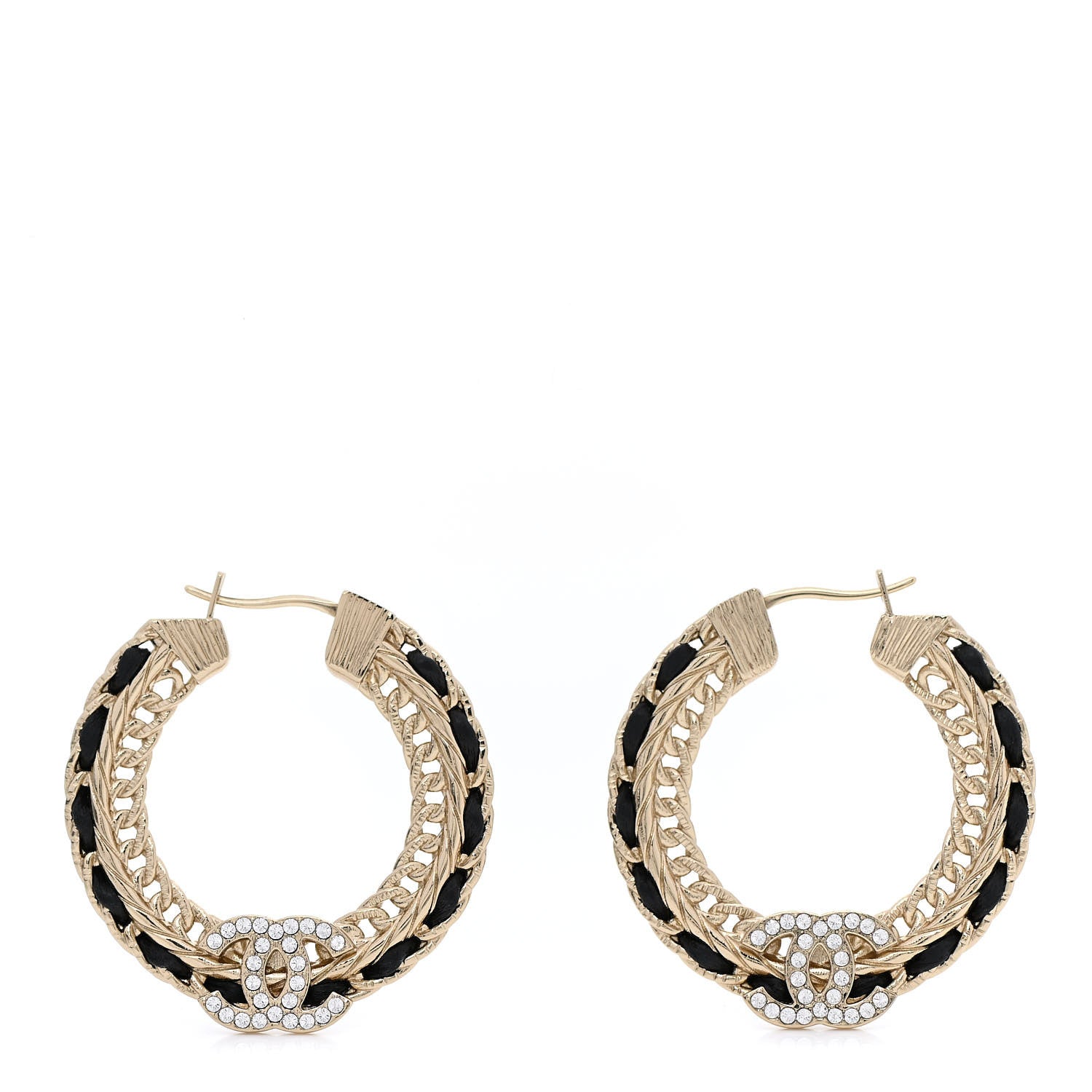 Chanel Crystal Lambskin CC Chain Hoop Earrings Gold Black 1035203