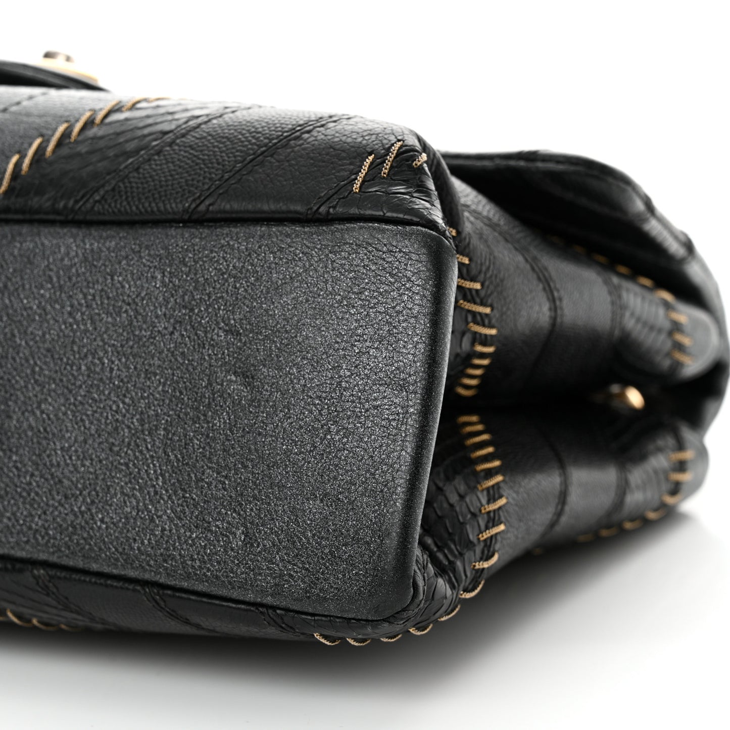 Calfskin Iridescent Snakeskin Patchwork Chevron Medium Flap Black Silver