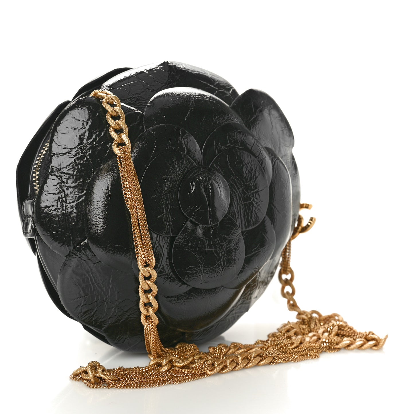 Patent Lambskin Camellia Bouquet Clutch With Chain Black