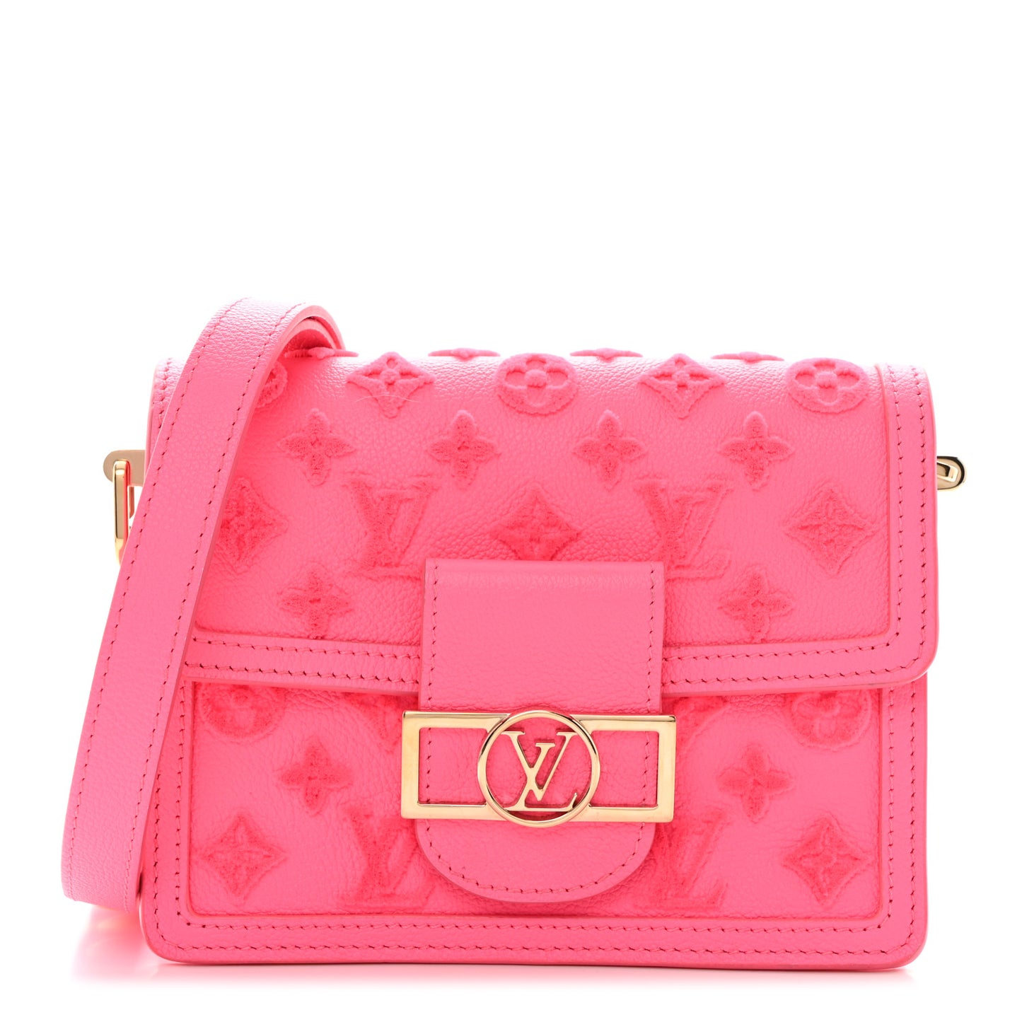 Grained Calfskin Tufted Monogram Mini Dauphine Fluo Pink