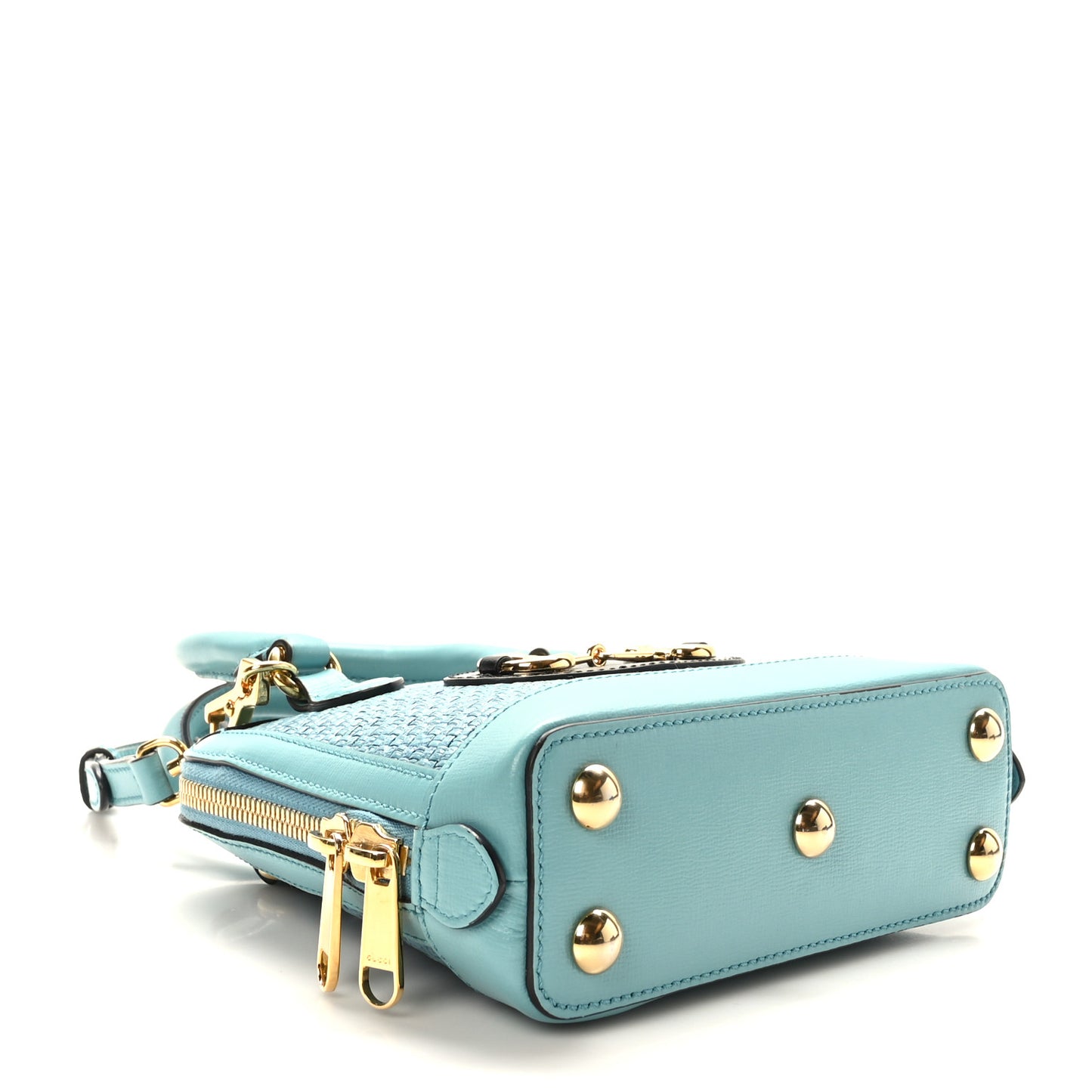 Straw Azalea Calfskin Woven Mini Horsebit 1955 Top Handle Bag Dusty Azure Black