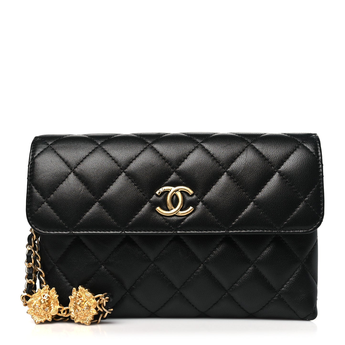 Lambskin Quilted CC Pouch With Handle Black