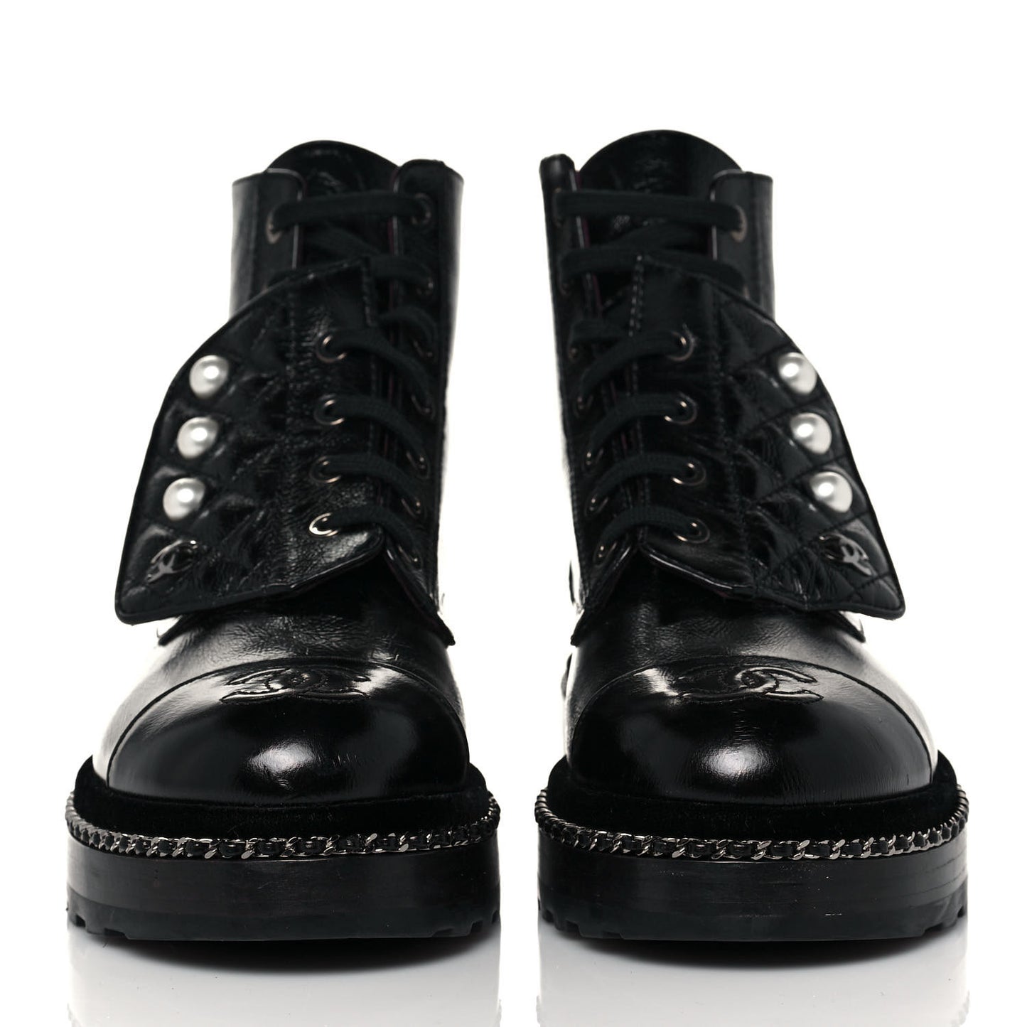 Crackled Calfskin Velvet Pearl Combat Short Boots 36.5 Black