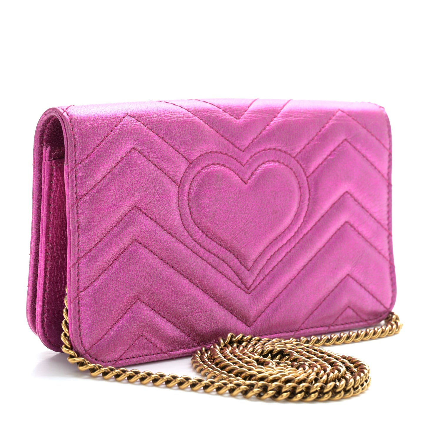 Metallic Calfskin Matelasse Crystal GG Marmont Mini Bag Fuchsia
