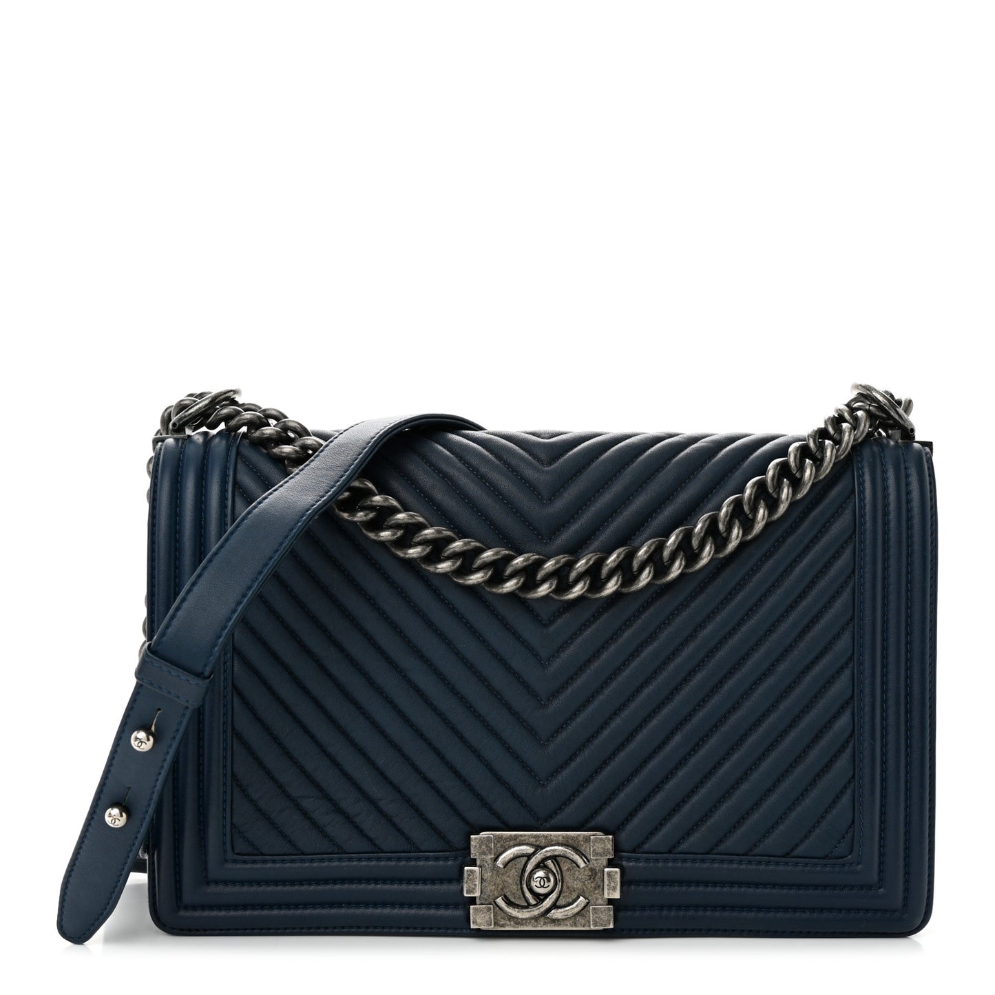 Wrinkled Lambskin Chevron Quilted New Medium Boy Flap Navy Blue